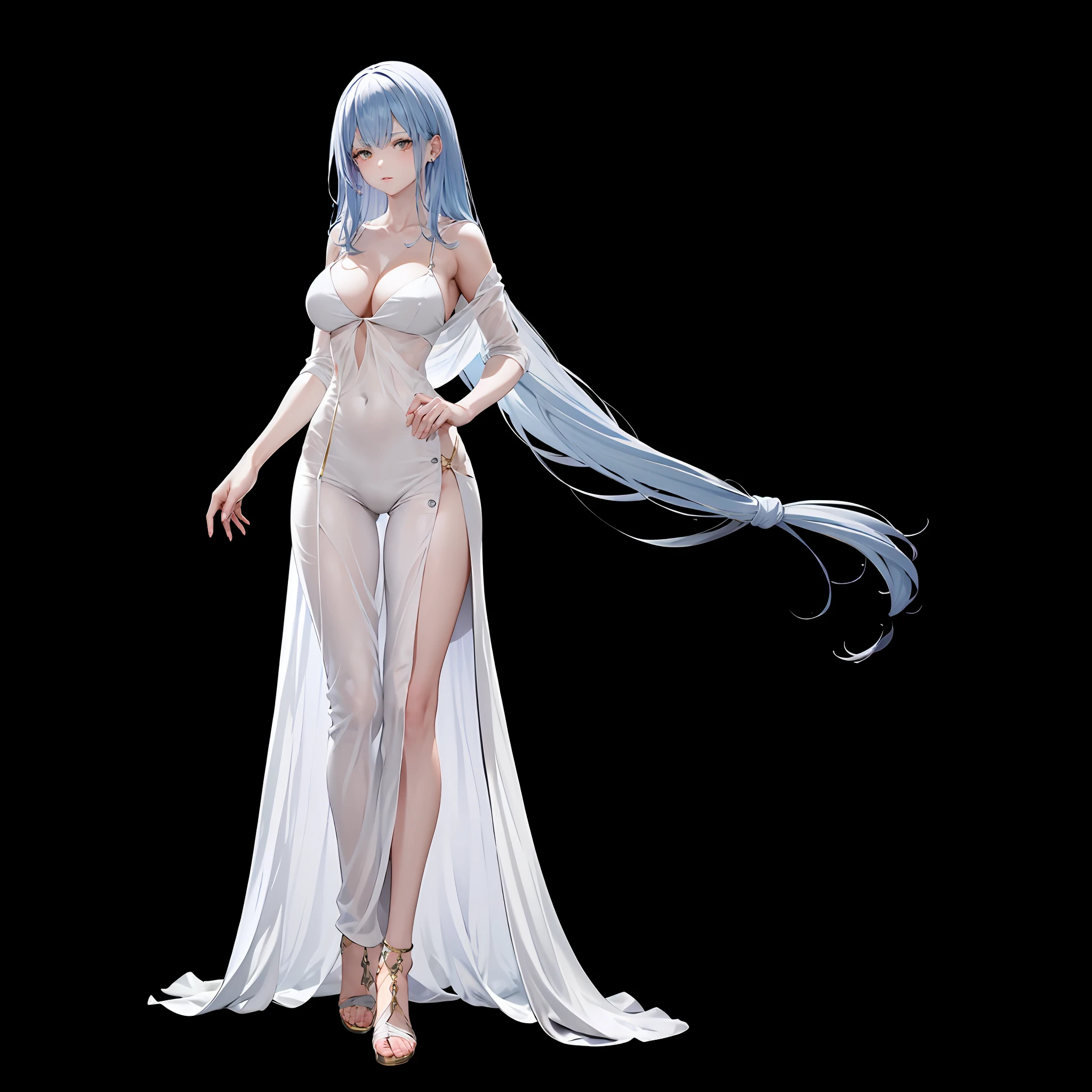 Masterpiece, a beautiful void goddess, gorgeous clothes on gold pattern, full body white transparent bikini standing under empty night stars, disappeared transparent pants, full body standing, tall figure, slender legs, facial details, detailed body part details, 8k wallpaper