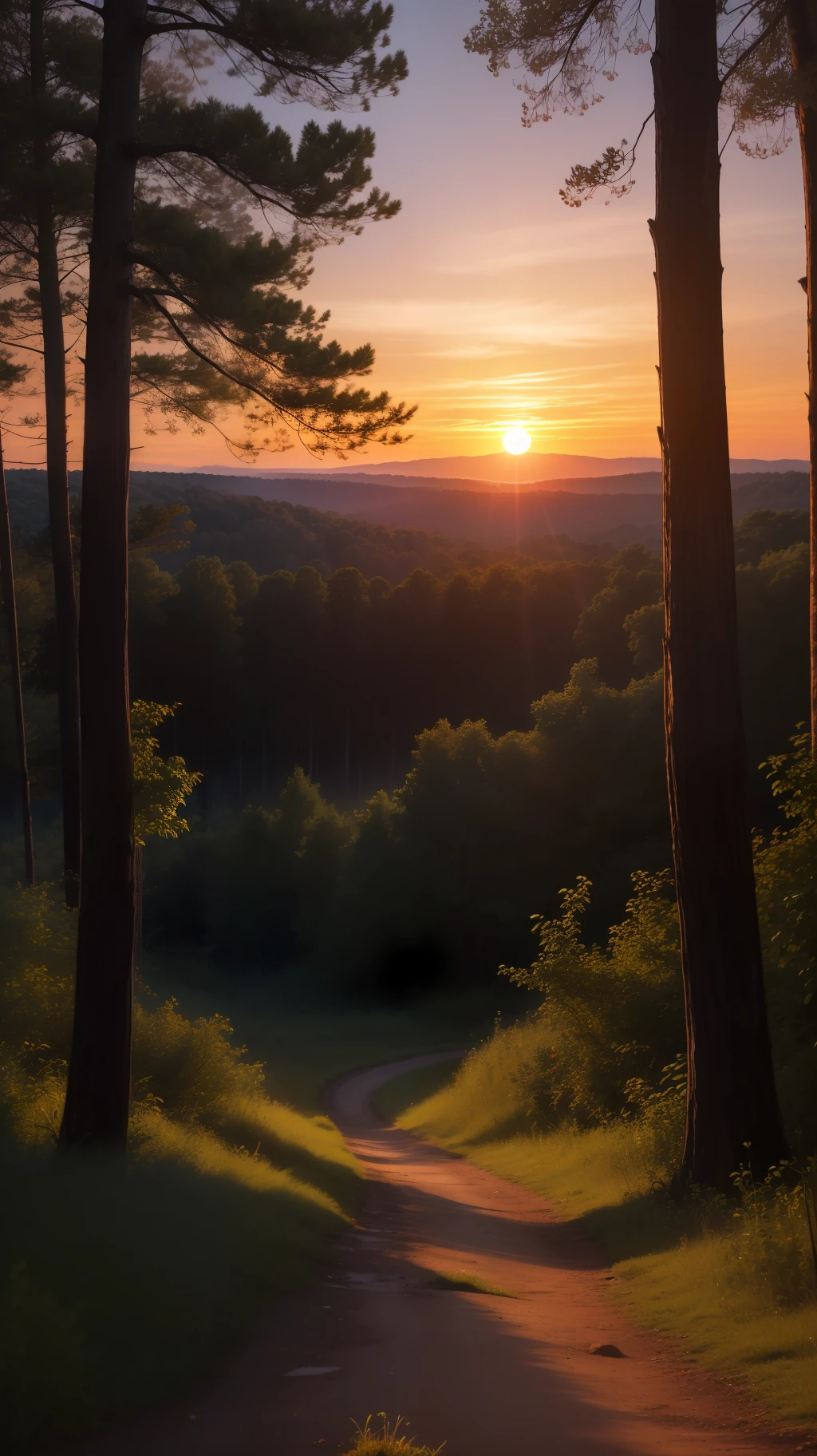 the sunset,ln the forest,the setting sun,The colors are dim
