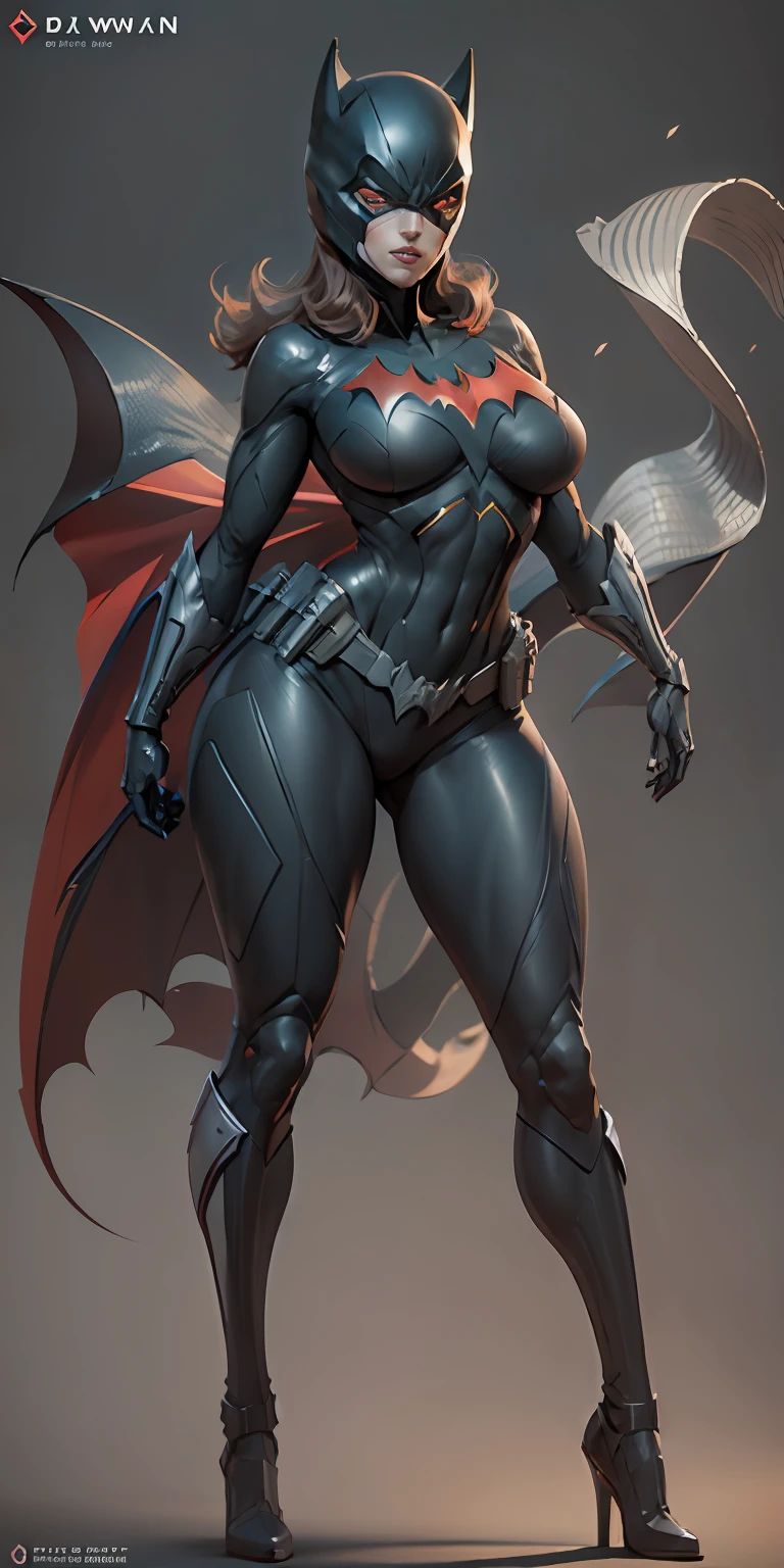 Batwoman from DC, big breasts, frontal, full-length, looking at the camera, facing the audience, standing pose, simple background, three-dimensional light, detailed full-body concept, sleek digital concept art, beautiful full-body concept art, art trend, CGsociety full-length,