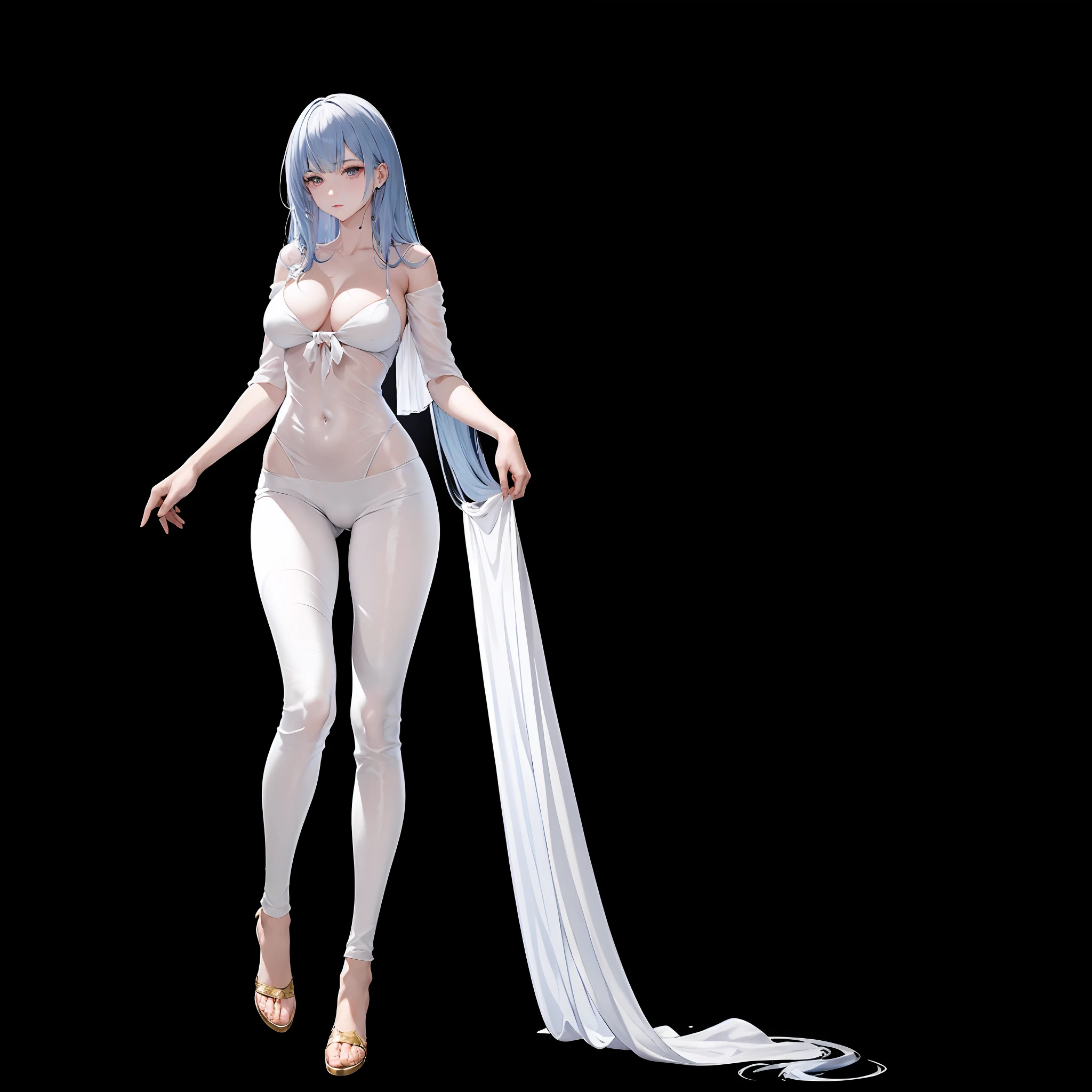 Masterpiece, a beautiful void goddess, gorgeous clothes on gold pattern, full body white transparent bikini standing under empty night stars, disappeared transparent pants, full body standing, tall figure, slender legs, facial details, detailed body part details, 8k wallpaper