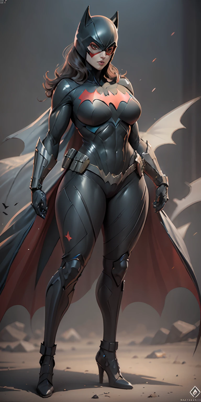 Batwoman from DC, big breasts, frontal, full-length, looking at the camera, facing the audience, standing pose, simple background, three-dimensional light, detailed full-body concept, sleek digital concept art, beautiful full-body concept art, art trend, CGsociety full-length,