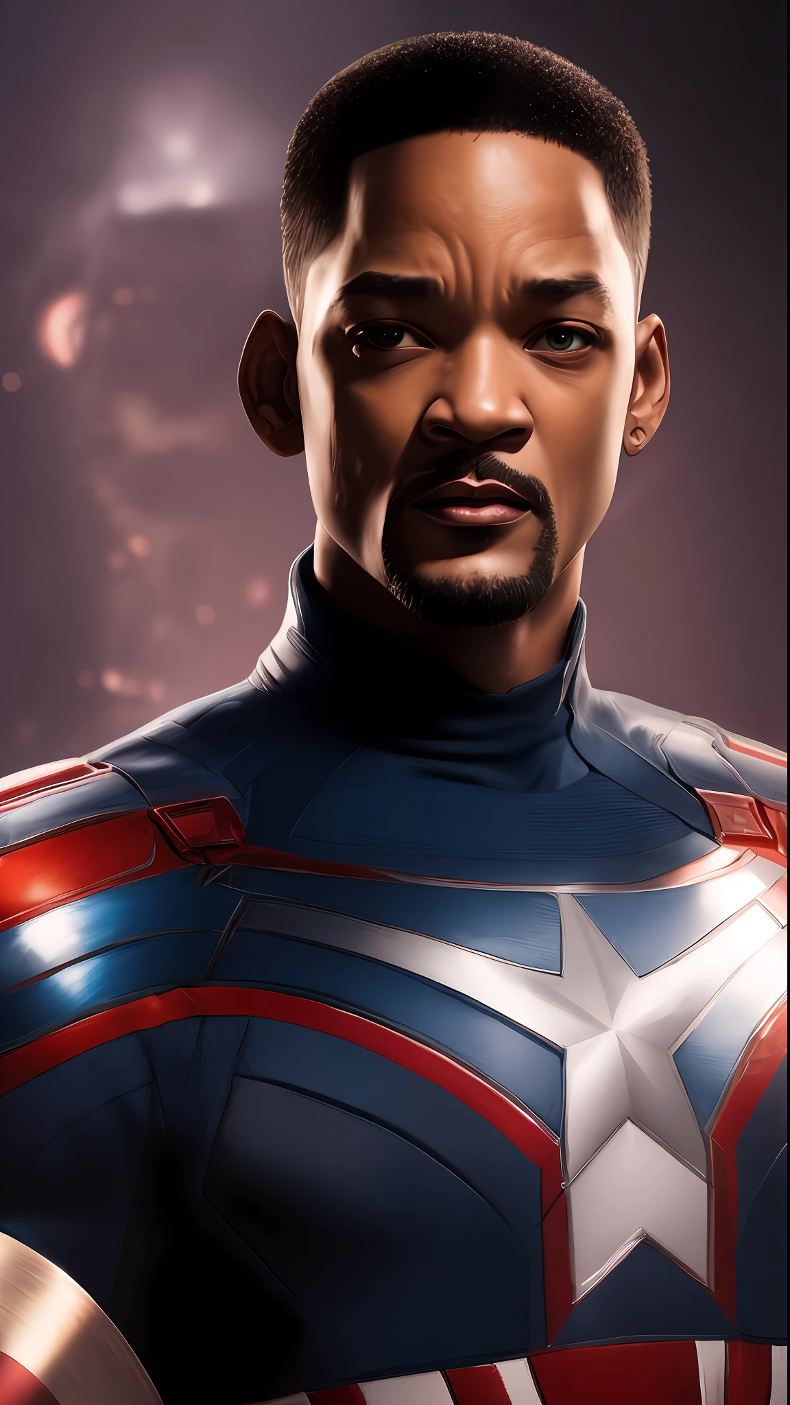 . Tarantino style Will Smith as Captain America 8k, high definition, detailed face, detailed face, detailed eyes, detailed suit, in style of marvel and dc, hyper-realistic, + cinematic shot + dynamic composition, incredibly detailed, sharpen, details + superb details + evening with light + perfectionism + award winning realism ((moody lighting))