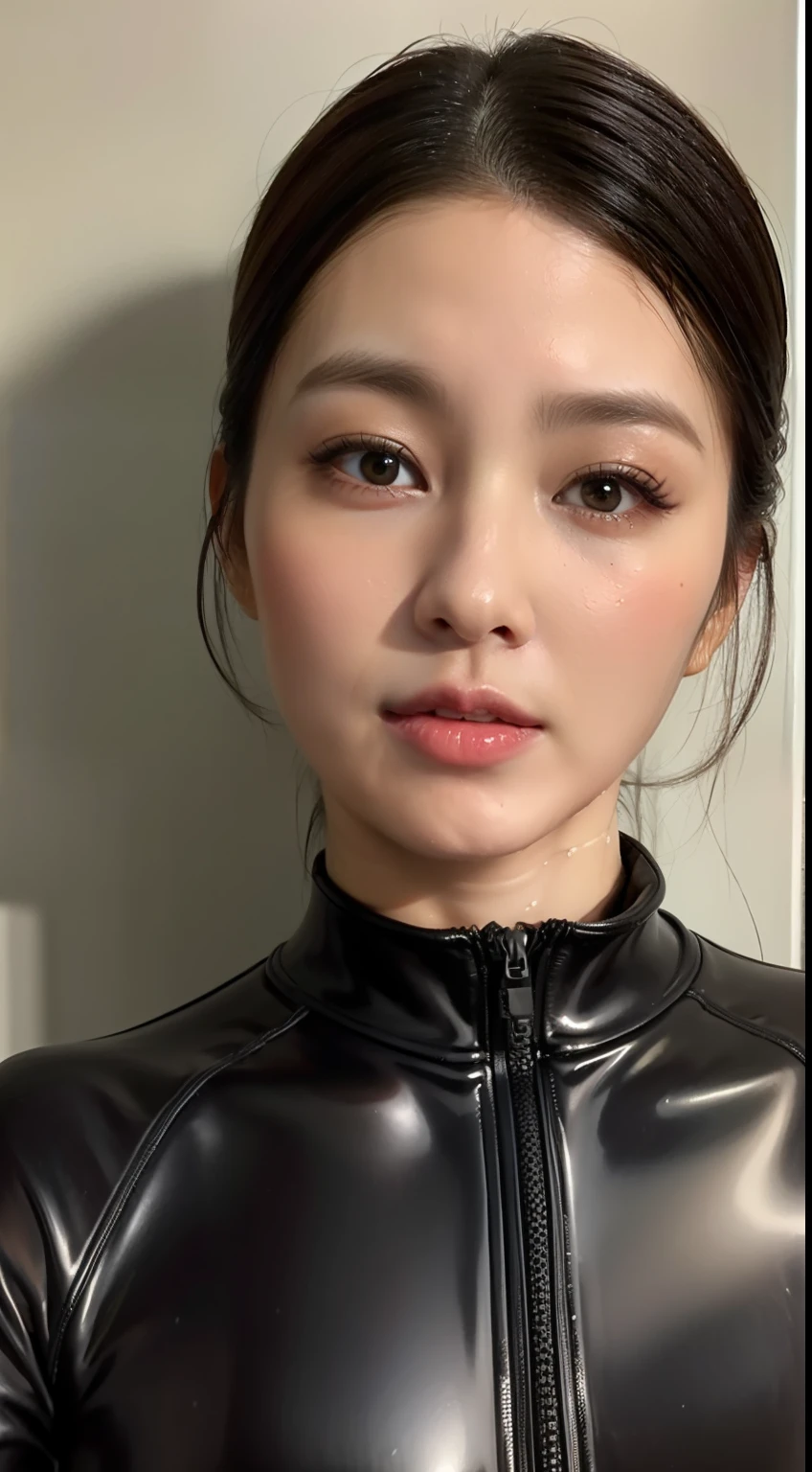 (top-quality)、A Japanese Lady、1girl in、A sexy:1.1、Dark brown fringe hair:1.1、(a wet body:1.3)、The sheen、ratex、wet suit、hyperdetailed face、Detailed lips、A detailed eye、Shower room