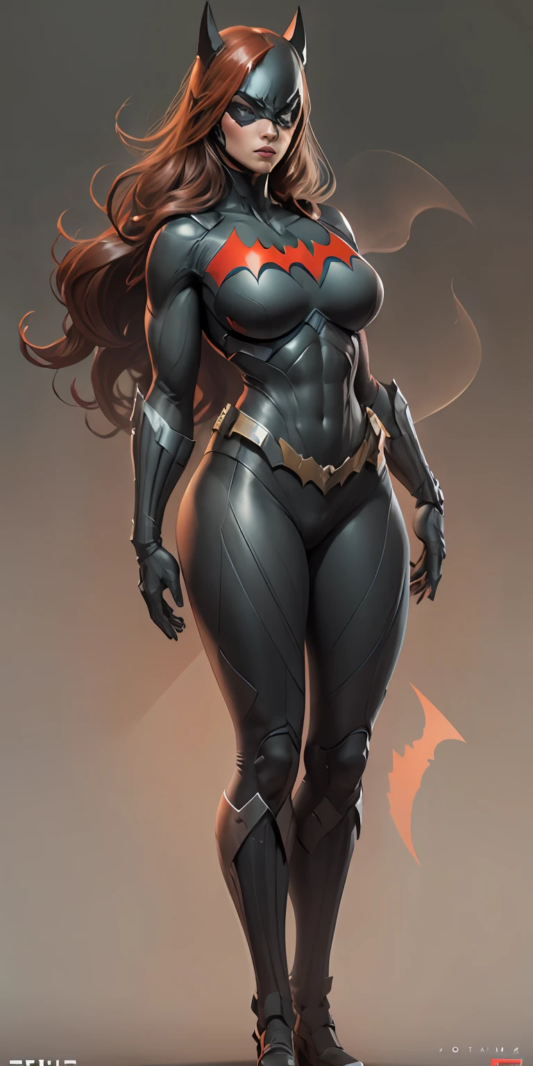 Batwoman from DC, big breasts, frontal, full-length, looking at the camera, facing the audience, standing pose, simple background, three-dimensional light, detailed full-body concept, sleek digital concept art, beautiful full-body concept art, art trend, CGsociety full-length,