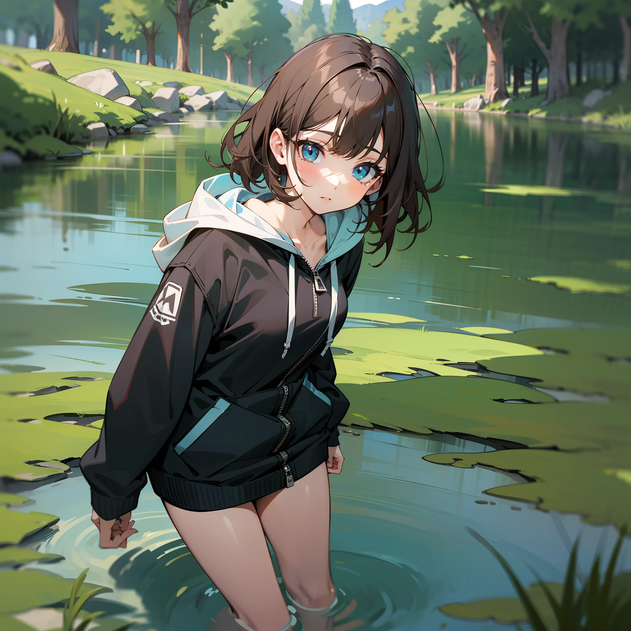 MKSKS style, (Very detailed background:1.0), (highly detailed back ground:1.0), 1girll, full_Body, straight on, Hoodie, partly_unzipped, Masterpiece, Best quality, (1girll, Solo, Girl:1.2), Lake, Grass, walking on the water, Jumps, Stone ruins, color difference, Depth of field, Soft lighting,Walk on the water，Tread on the water，brunette color hair