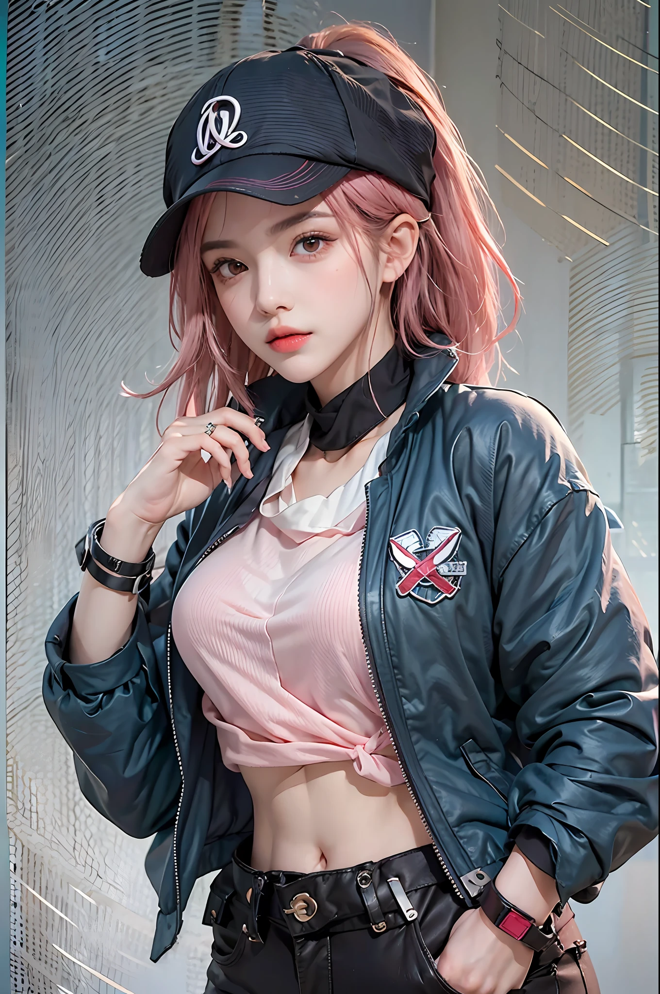 photorealistic, high resolution, 1 girl, hips up, beautiful eyes,power \(csm\), pink hair, symbol-shaped pupils, cross-shaped pupils, blue jacket, collared shirt, black necktie, black pants