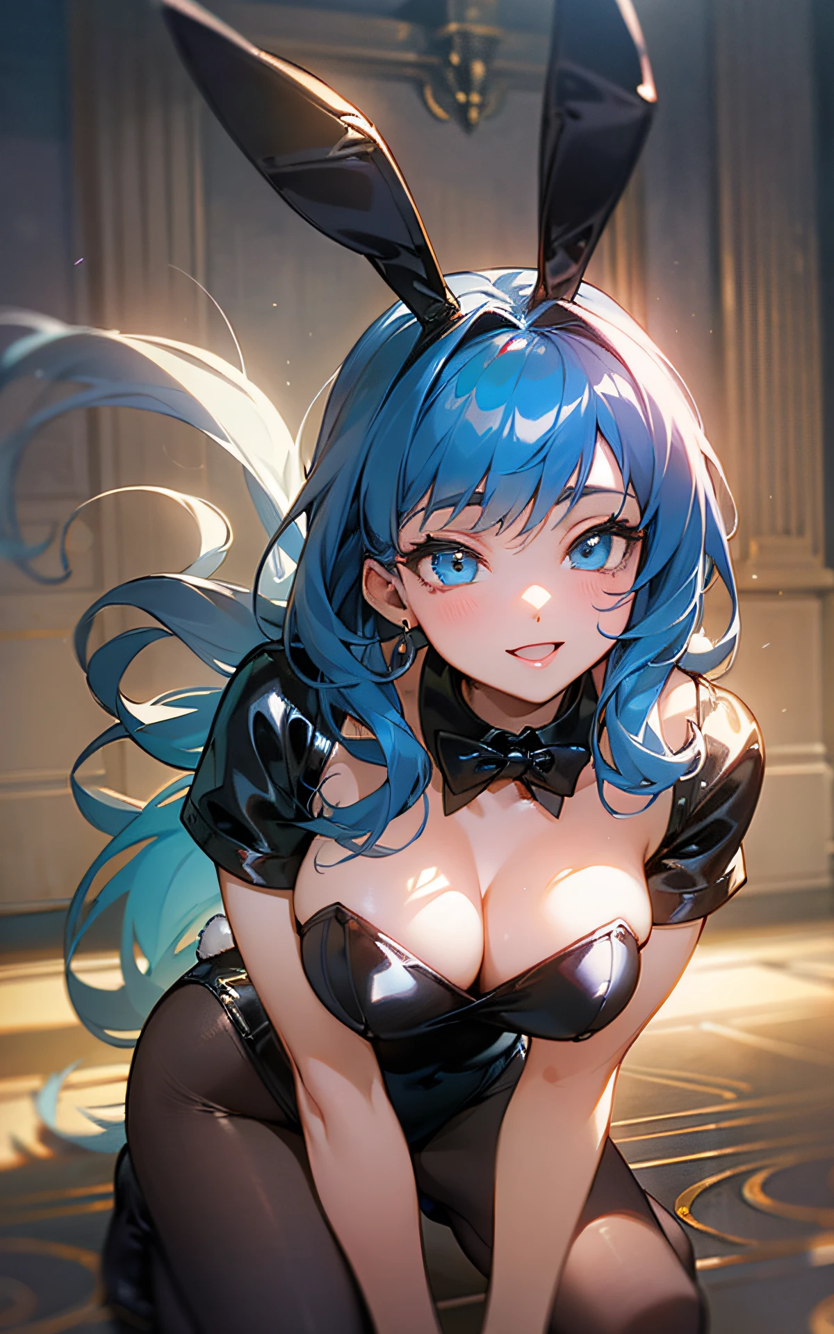 (Unity 16K Wallpaper, Masterpiece, Best Quality, Ultra-Detailed, Extremely Detailed CG, Caustics, Cinematic Lighting, Detailed, Beautiful Detailed Eyes, solo), Ultra High Resolution, fine skin、sexy,curby,gigantic breasts、smile,all fours, playboy bunny, black pantyhose,blue hair