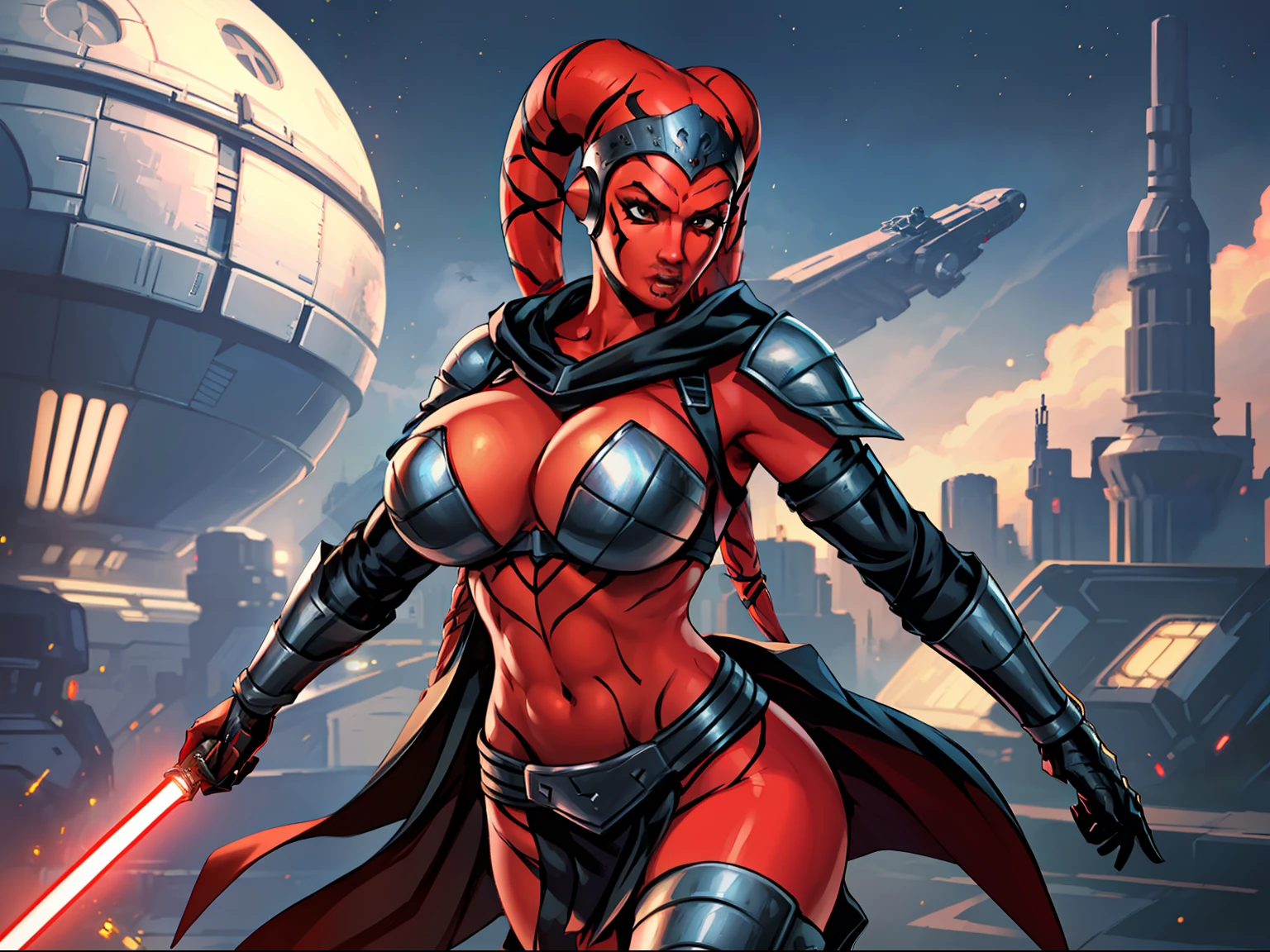 action shot, running, sprinting, lasers, busty, masterpiece, best quality, highly detailed, award winning, high definition, ((red skin), twi'lek), dual red lightsabers, evil space knight, space ninja, (black robes, black stealth armor, breastplate, tunic, tabard, cowl, cloak, body glove, straps, buckles, skirts, long sleeves, fantasy, ((armor))), ((busty), slender body, thin, slim sexy body, slim waist, (((huge breasts)))), Imperial starship, Star Wars,