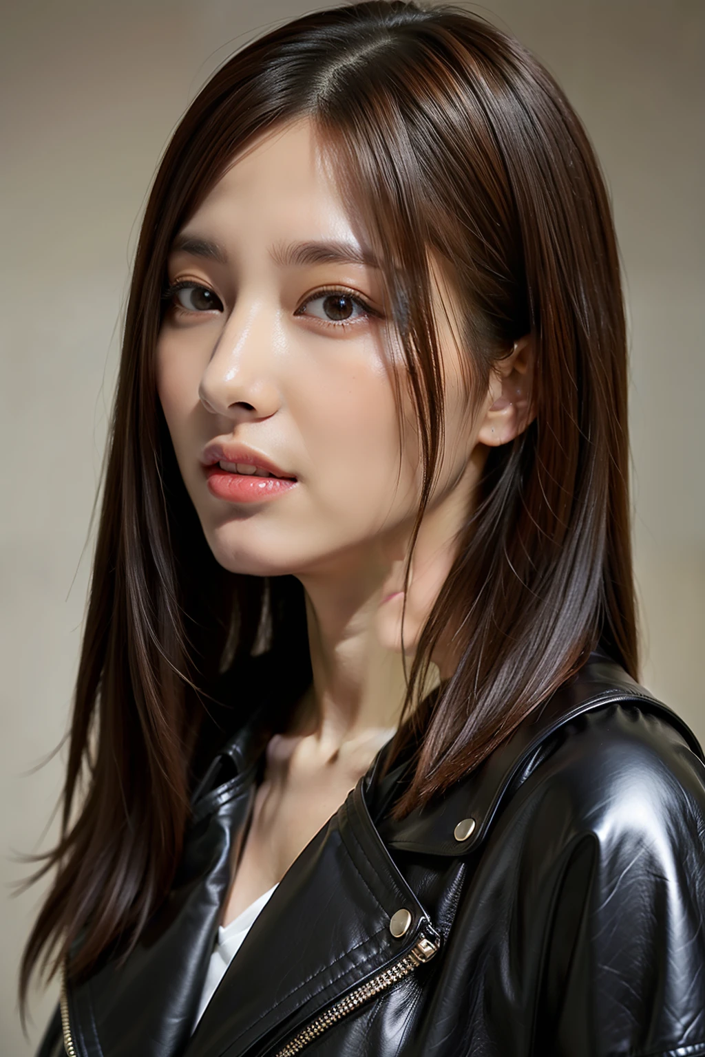 Long fringe hair、1girl in、Glossy Leather Riders Jacket、Leather、tight skirts、(top-quality:1.4)、(超A high resolution:1.2)、(A detailed eye)、a room
