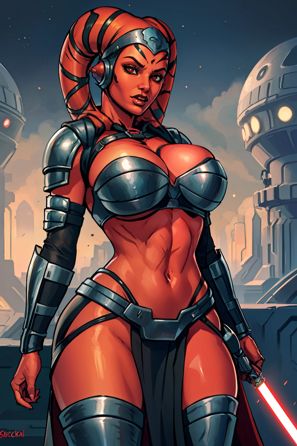 busty, masterpiece, best quality, highly detailed, award winning, high definition, ((red skin), twi'lek), dual red lightsabers, evil space knight, space ninja, (black robes, black stealth armor, breastplate, tunic, tabard, cowl, cloak, body glove, straps, buckles, skirts, long sleeves, fantasy, ((armor))), ((busty), slender body, thin, slim sexy body, slim waist, (((huge breasts)))), Imperial starship, Star Wars,