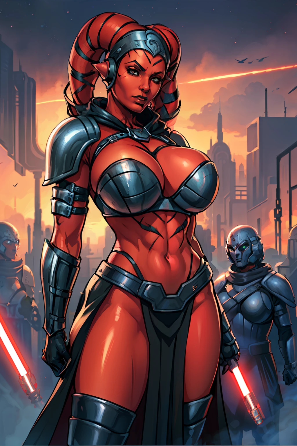 busty, masterpiece, best quality, highly detailed, award winning, high definition, ((red skin), twi'lek), dual red lightsabers, evil space knight, space ninja, (black robes, black stealth armor, breastplate, tunic, tabard, cowl, cloak, body glove, straps, buckles, skirts, long sleeves, fantasy, ((armor))), ((busty), slender body, thin, slim sexy body, slim waist, (((huge breasts)))), Imperial starship, Star Wars,