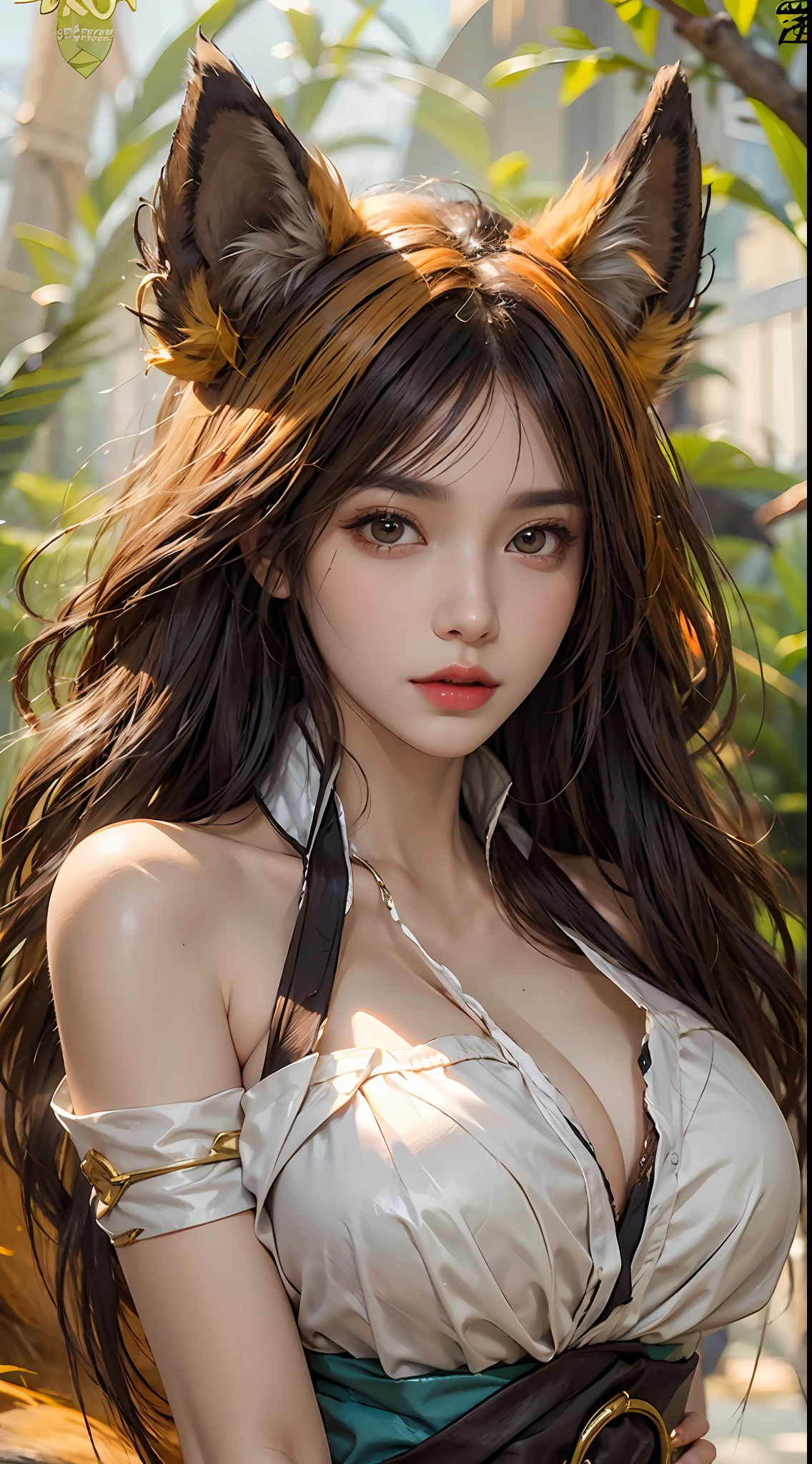 pphotorealistic, high resolution, 1 girl, waist up, beautiful eyes, normal breast, animal ears, solo, fox ears, long hair, black hair, brown eyes, fox girl, fox tail, ahri \(league of legends\)