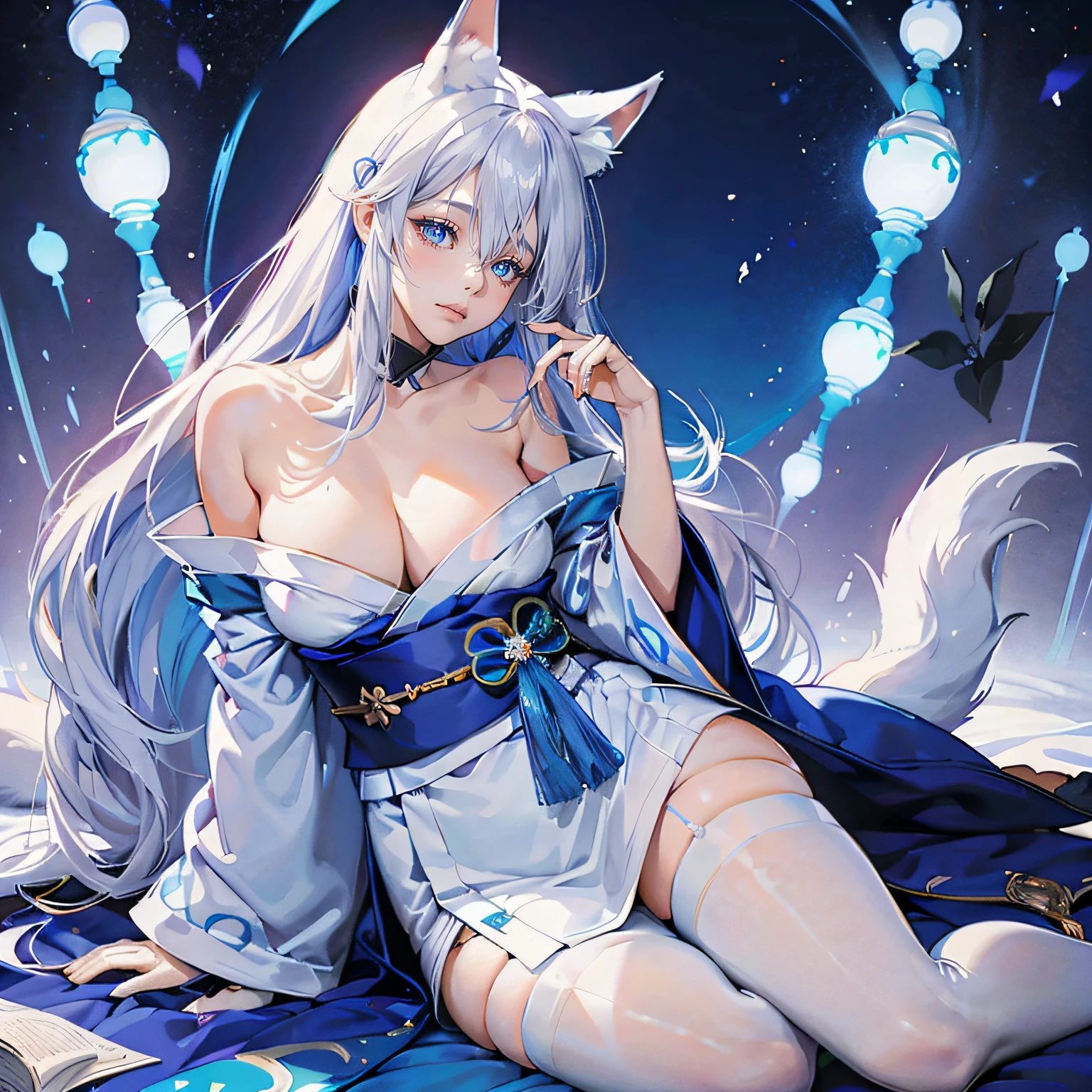 White fox,Very long animal ears,Sensitive animal ears,blue kimono(cropped shoulders),Northern Hemisphere,Cobalt blue pupils,Lazy,White stockings,long whitr hair,style of anime,huge tit,Confused,doze,Squinted eyes,Japanese style ,Slouching ,Long silver-gray hair,Lazy,plumw,Recumbent position,Look elsewhere