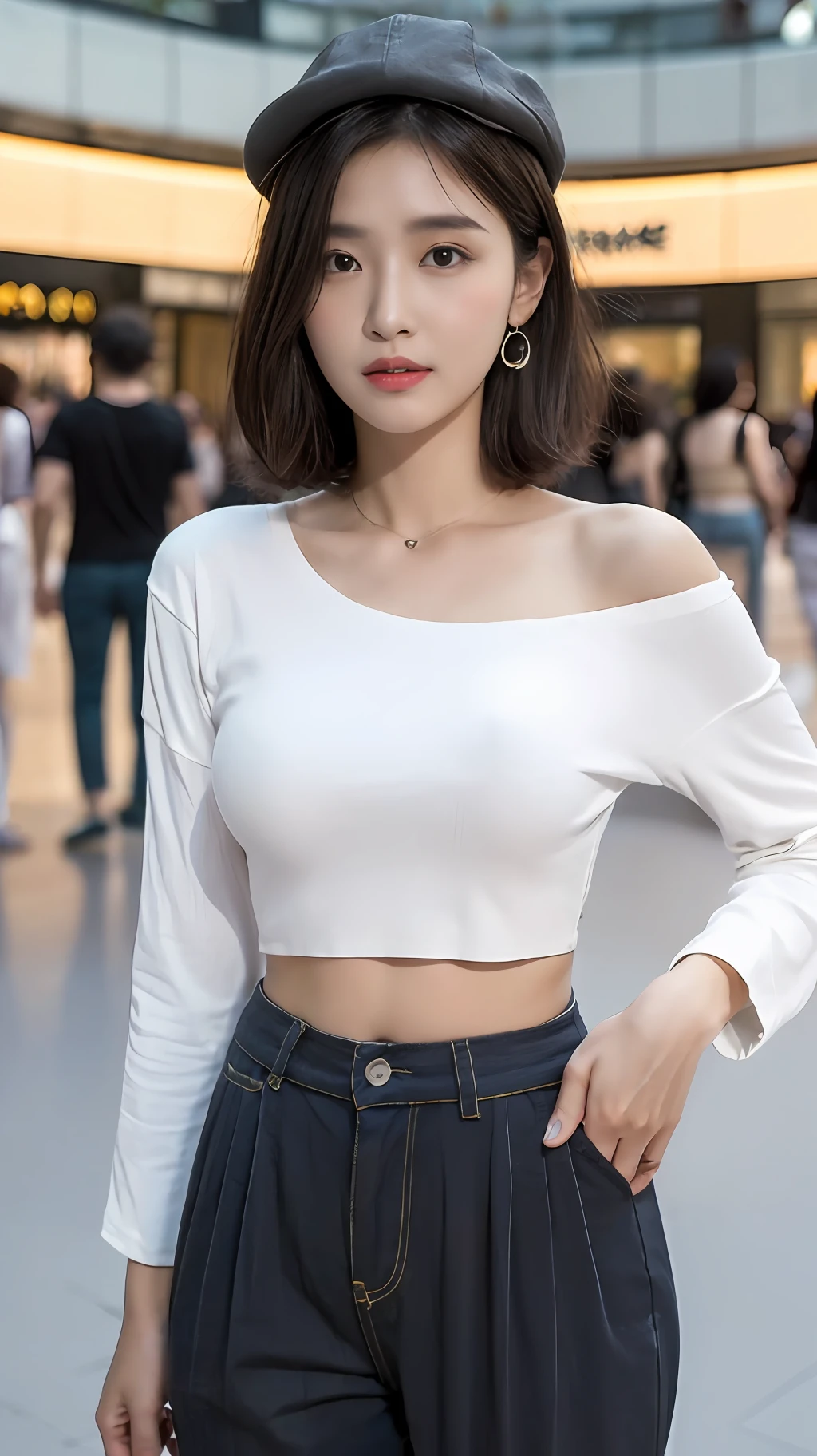 ((best qualtiy, 8K, tmasterpiece:1.3)), (Flower Cap:1.3),Focus:1.2, perfect figure beautiful woman:1.4, ed butt, ((Cut hair in layers:1.2)), , (darkStreet:1.3), Highly detailed facial and skin texture, full bodyesbian,A detailed eye, 二重まぶた，Whiten skin，long whitr hair,(with a round face:1.5),(Loose crop top,shorter pants:1.6)Pleated skirt，the big breasts ng legs，((Mall))
