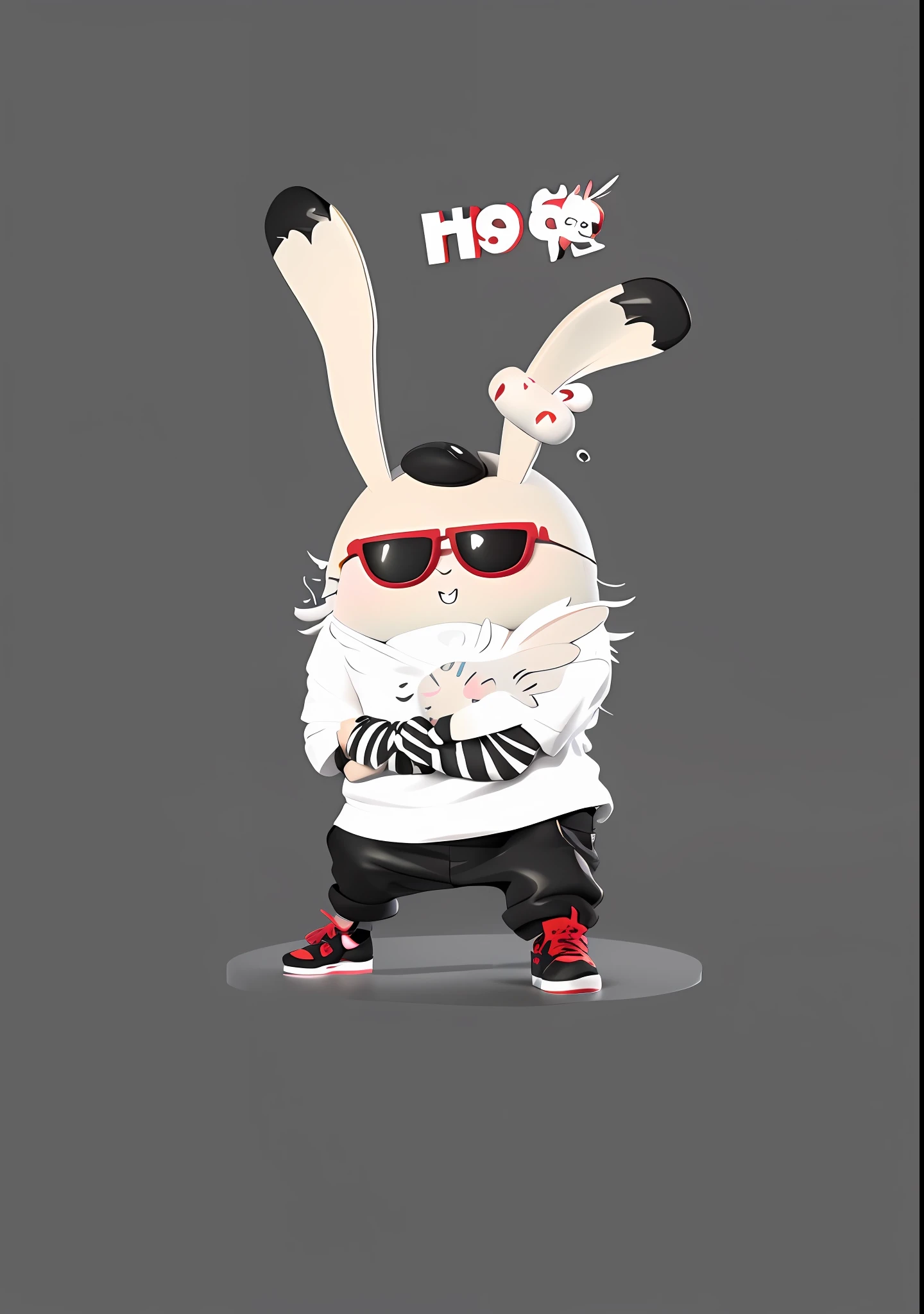 Rabbit with sunglasses,Cute 3d rendering,Holding a white folding fan,dressed in a white t-shirt,Black and white striped long sleeves,Black cargo pants,Black and red color shoes,Cool bad rabbit,Hip hop bunnies,Stylized 3D rendering,adorable digital art,Cute rendered 3d anime bunny, c4d,Against a gray background