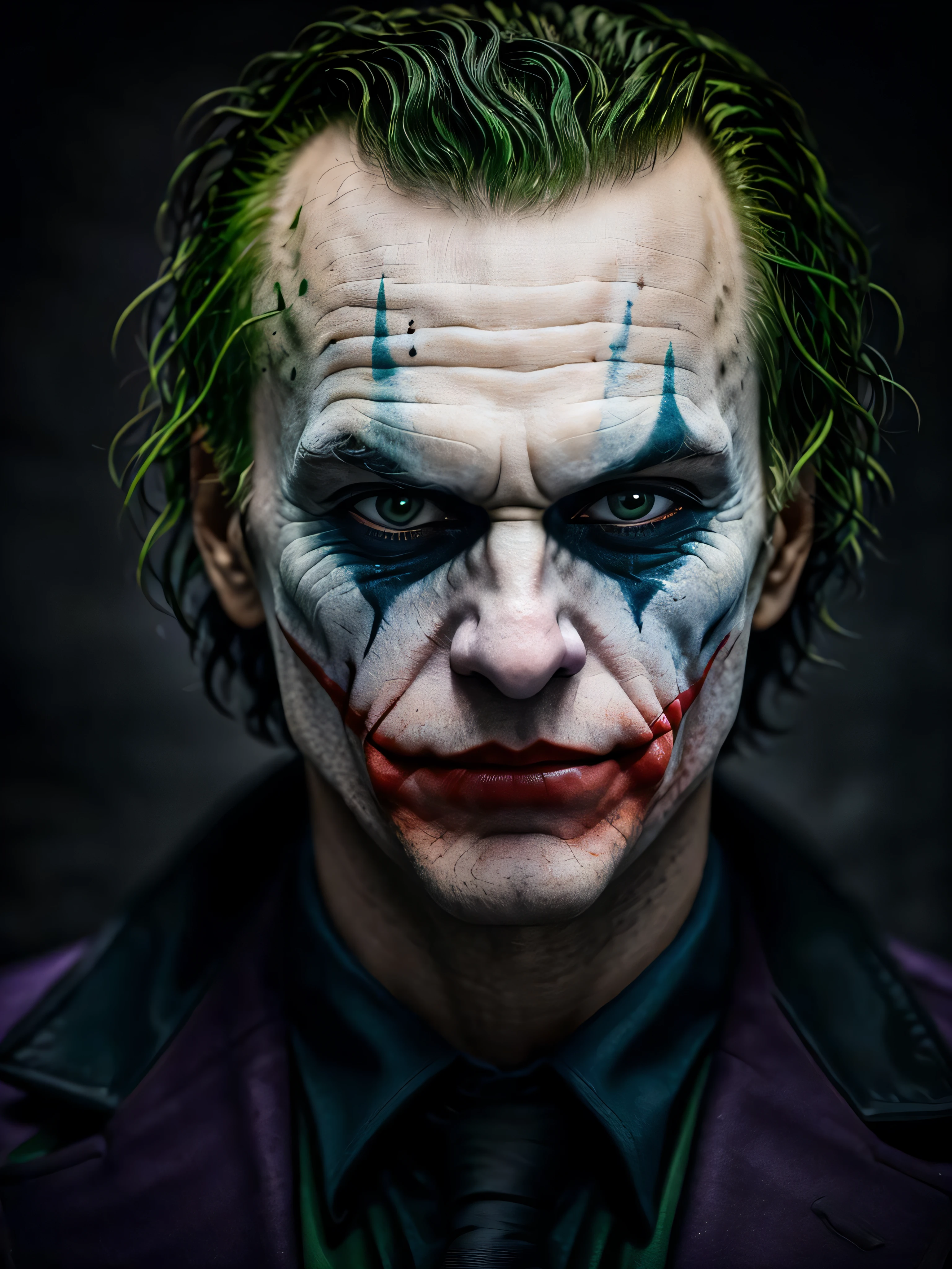 dark and gloomy, hyper realism, 8k, a close up photo of the joker , perfect eyes, lifelike texture, dynamic composition, Fujifilm XT2, 85mm F1.2, 1/80 shutter speed, (bokeh), high contrast, gotham city background