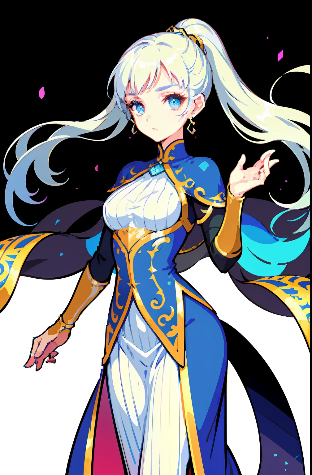 offcial art,品质最佳,finedetail,close-up all over the body,A beautiful white girl,Costumes for fantasy worlds,wearing a white skirt,Long white hair shawl,hair flowing,Very long ponytail,Manners are elegant,With a faint sad expression on his face,Floating in the air,Perfect figure。