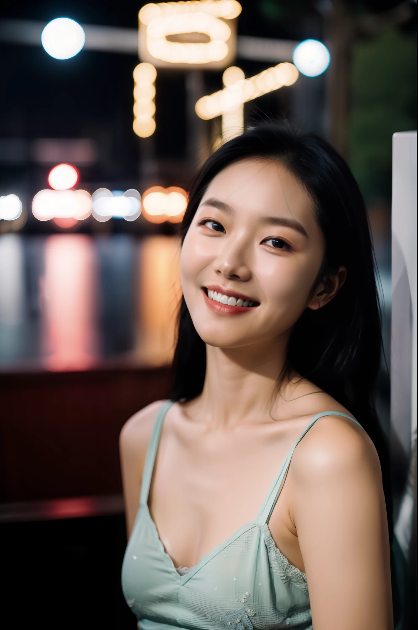 1girl, idol, model, depth of field, photo, film, face, skinny, smile, collarbone,  teeth, movie, camisole, selfie, night,