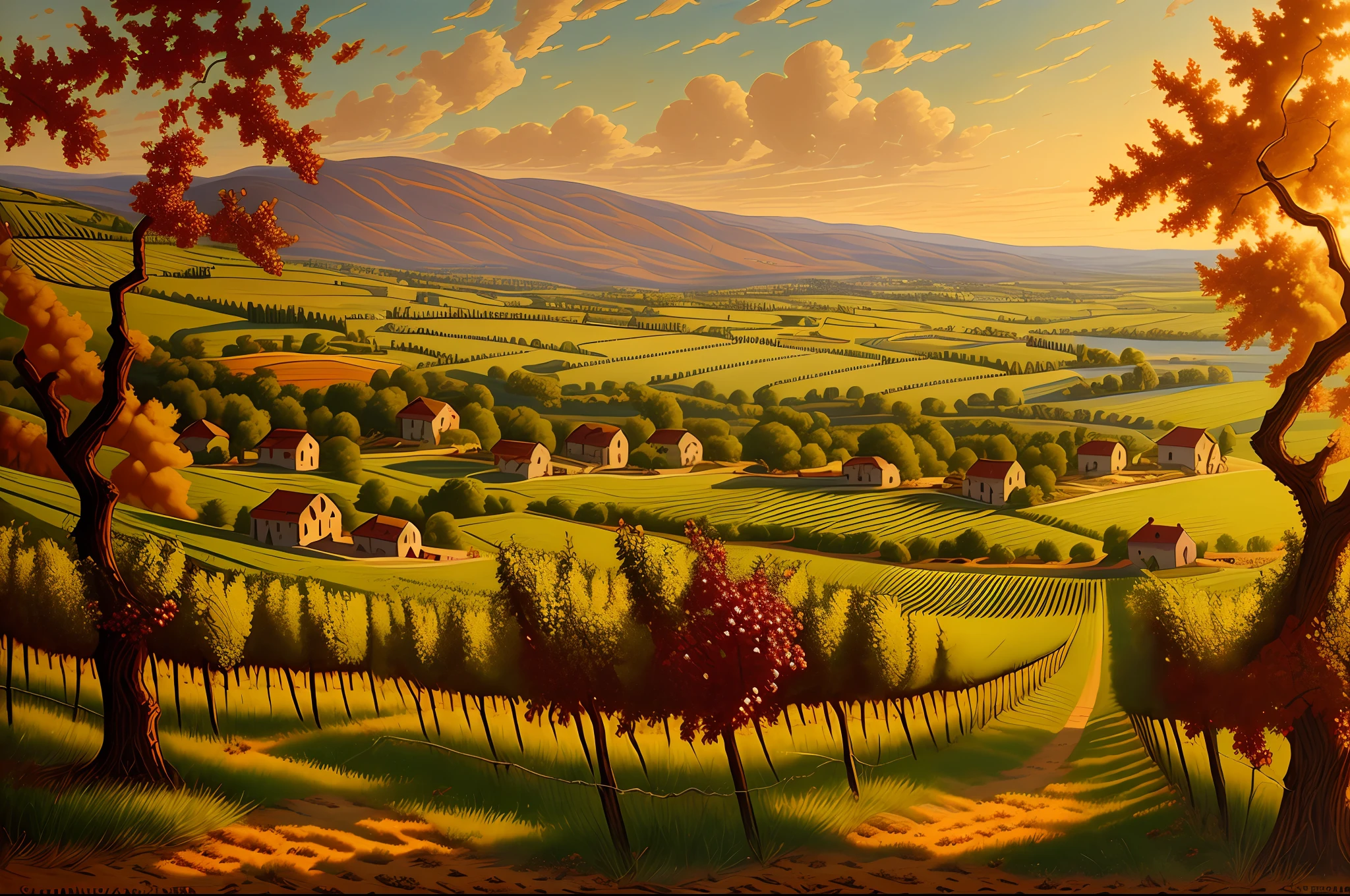 The vineyard in the style of oil painting has oak barrels and grapes are harvested --auto