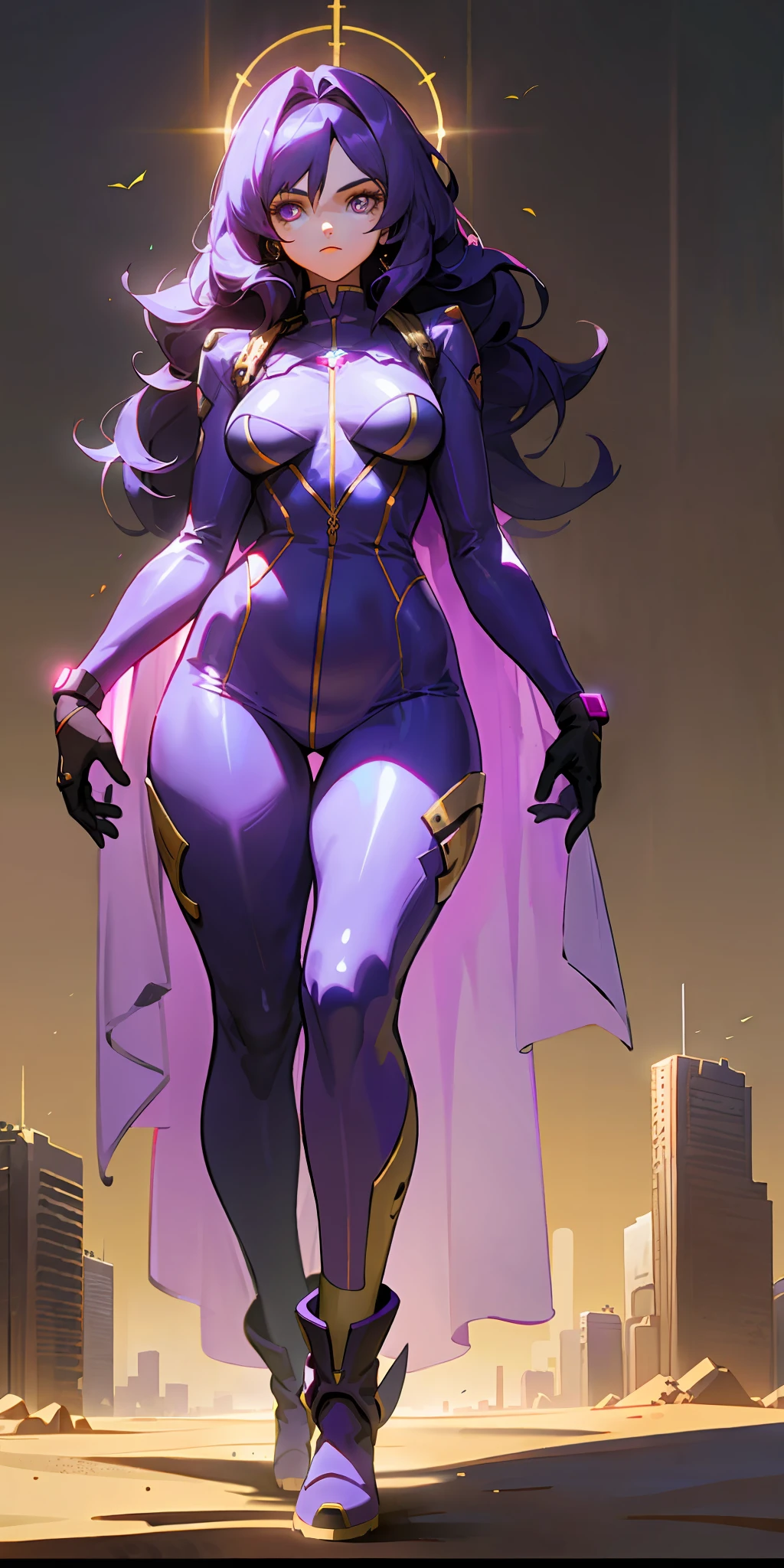 1girll,Gorgeous Hair in Long Purple,Purple jumpsuit,Tattooed with,There is a red string around the waist,Purple boots,Thigh leg rings,The right hand releases a purple energy glow,Hands full breasts, Convex buttocks, city ruins,holy rays,A desert,Detailed background, Clothing details, perfectly proportioned, filmgrain, Fuji colors, lightand shade contrast, tmasterpiece, high detal, high qulity, A high resolution, Cinematic lighting, 8K, Textured skin, Super detail