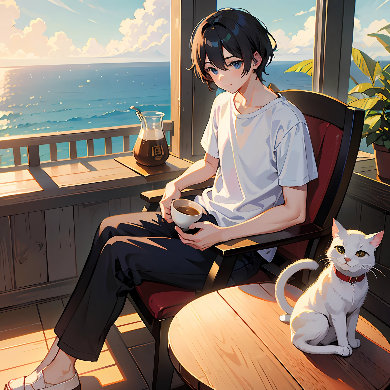 Sunny day at dawn、With one cat、You can see the sea below on a very high hill、While sitting in a rocking chair、Dressed in a white T-shirt and black pants、A man brewing coffee while looking at the sea --auto