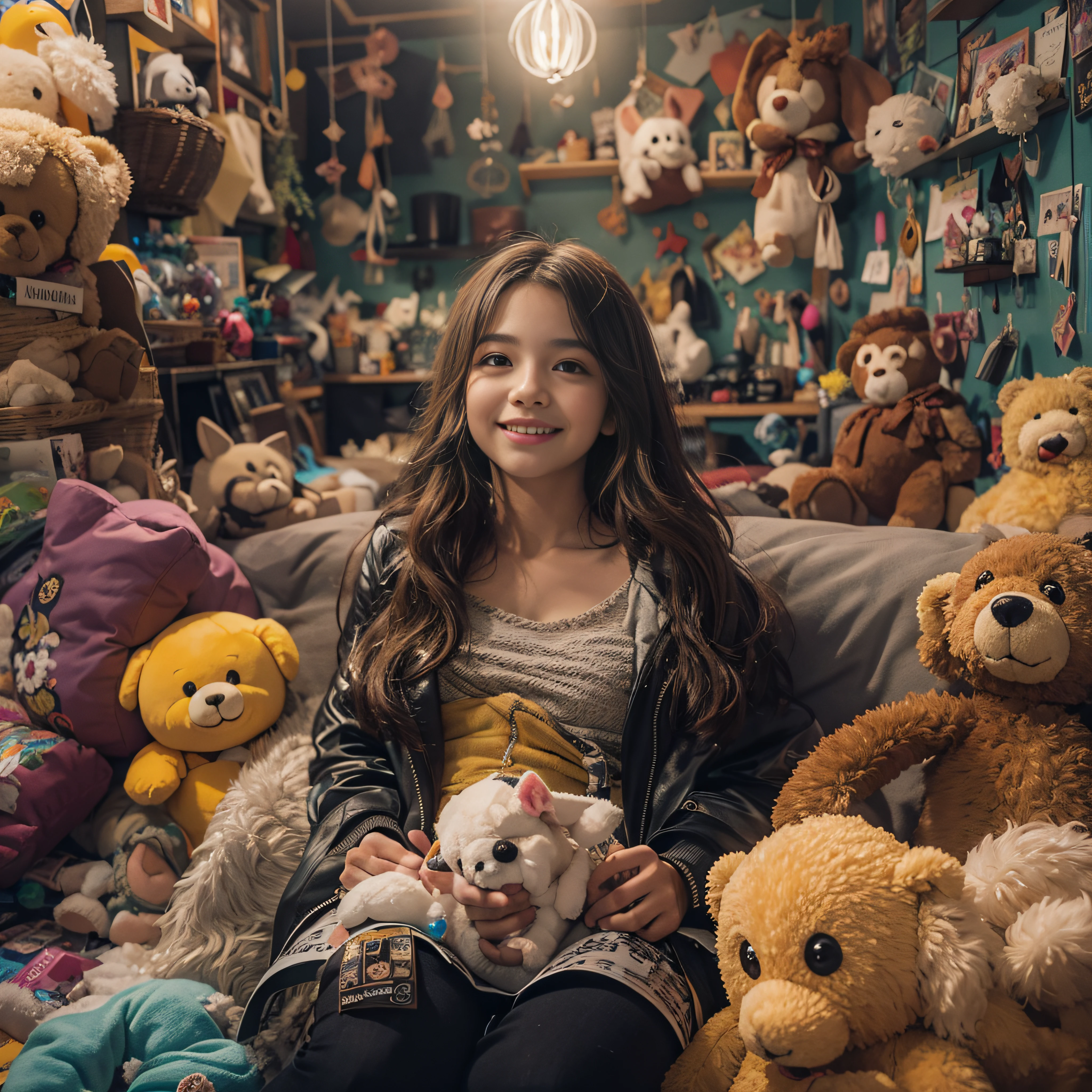 A 12-year-old girl holds a stuffed animal,Sit in a room full of toys,,cabelos preto e longos,cheerfulness,Rejoice,Perfect quality,Clear focus(Clutter - home:0.8), (tmasterpiece:1.2) (realisticlying:1.2) (Bokeh) (best qualtiy) (detailedskin:1.3) (complexdetails) (8K) (detailedeyes) (Sharp focus),(having fun)closeup cleavage