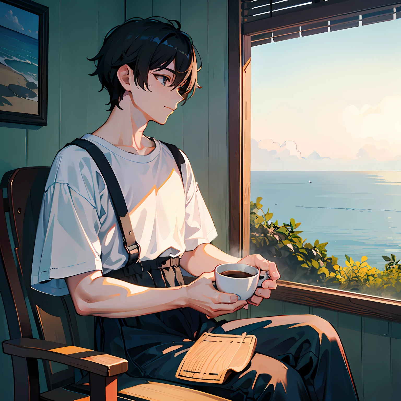 Sunny day at dawn、With one cat、You can see the sea below on a very high hill、While sitting in a rocking chair、Dressed in a white T-shirt and black pants、A man brewing coffee while looking at the sea --auto