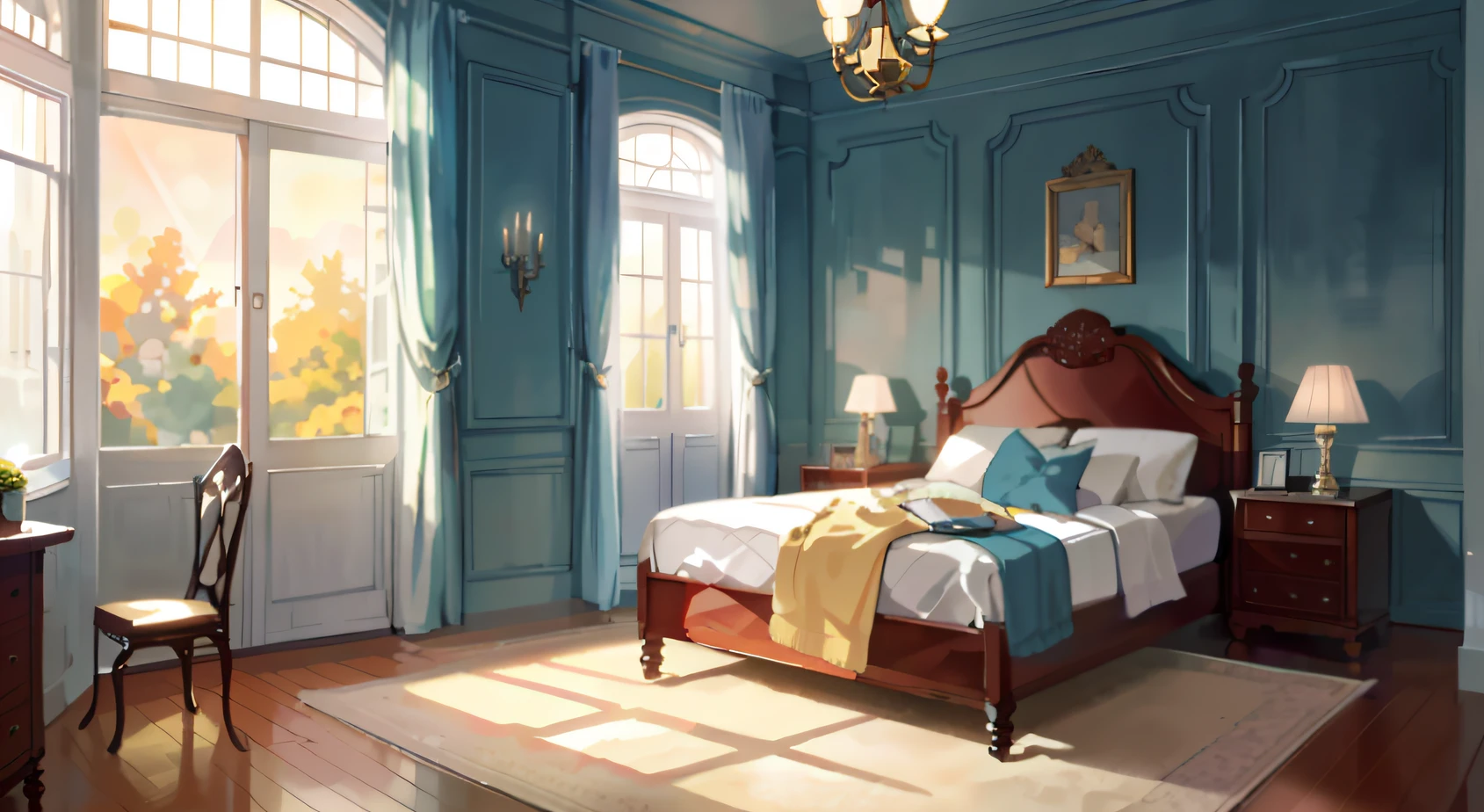 Realistic early morning lighting, Bedroom scene,carpets,Luxury bed,Study desk,The bedroom has light from the window, morning lighting, the morning sun, illusory engine ;Sunshine in the early morning hours, morning lighting,In the daytime,Morning,Well-lit room