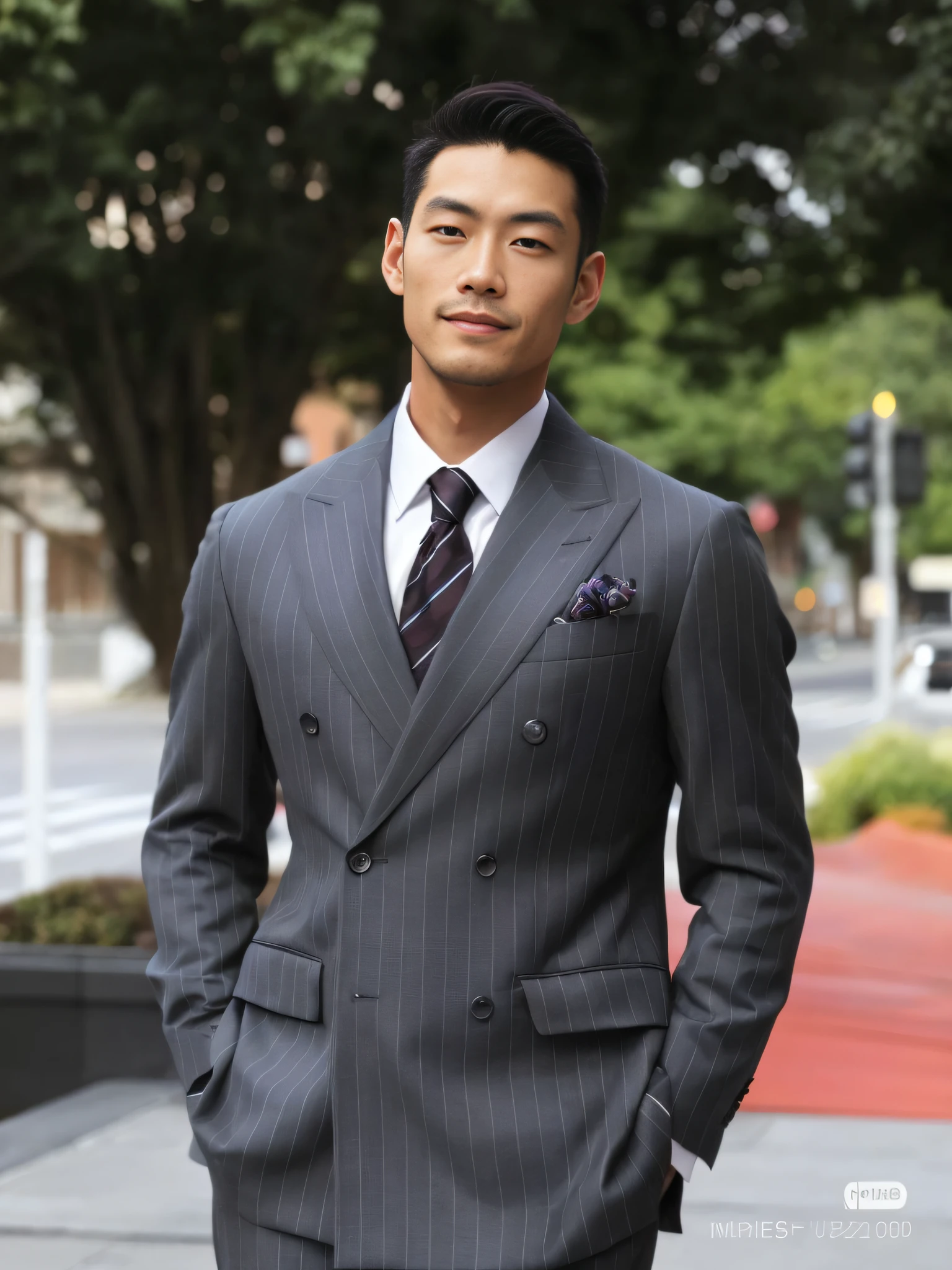 Allard man in suit and tie standing on the sidewalk, wearing a pinstripe suit, dressed in a suit, dressed in a suit, naoki ikushima, pinstripe suit, wearing a stylish men's suit, well - dressed, Suit and tie, nico tanigawa, wearing dark grey suit, Wearing a suit and tie, wearing a suit and a tie,Retina screen,Vertical painting shadows,Perspectiva subjetiva,atmospheric distance sense,hyper HD,Textured skin,HighestQuali,high detal,The eyes are bright and alert,Ray traching,Multiple monochromes,Cinematic lighting effects,Smile confidently,Star temperament --auto
