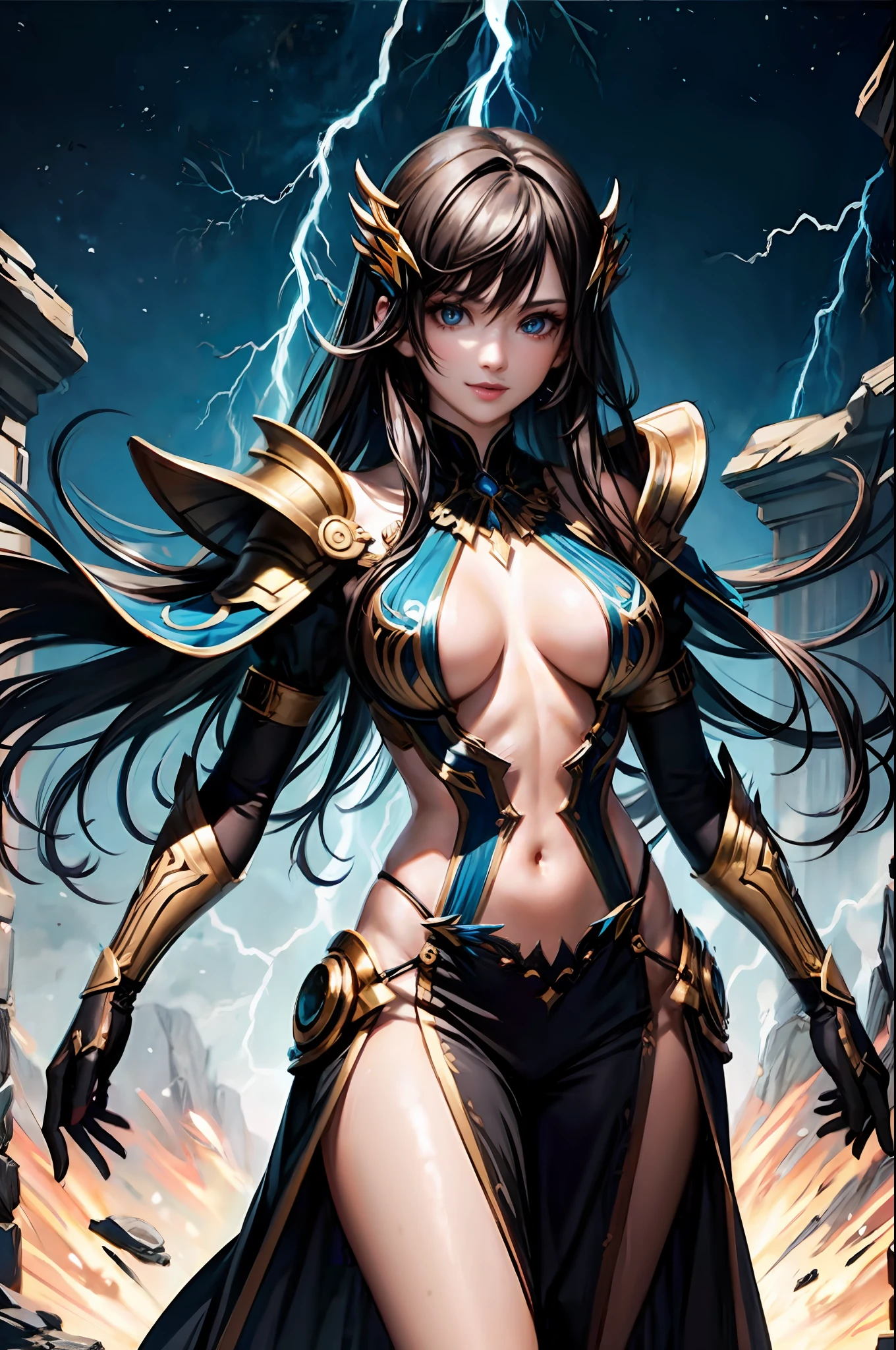 image of a beautiful sorceress casting a lightning spell, she is standing on a burning ground, fantasy background, various of lightning spark dazzling around her, fierce aura, countless of electric line run along her body, lightning armor, detailed revealing sorceress clothes, thunder in the background, BREAK detailed face, detailed shiny eyes, tall body, seductive body, mature body, detailed body, random pose of casting spell, medium breast, smile, the around her is bursting with otherworldly power, BREAK best quality, masterpiece, trending deviant art, official art, 4k wall paper, fantasy, focused, perfect composition, cool color,