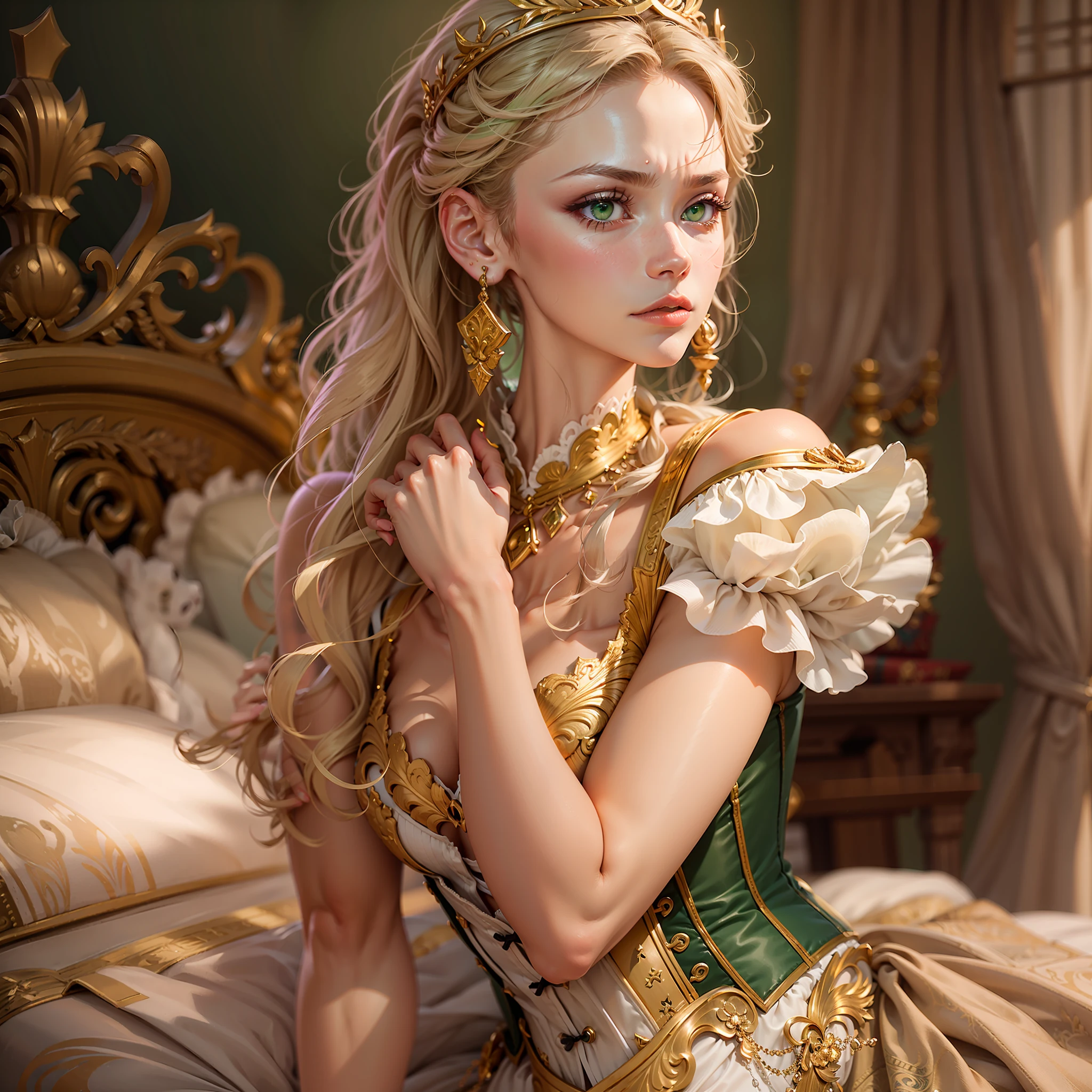 pronounced cheekbones, Green eyes, closed mouth, tightly pressed lips.