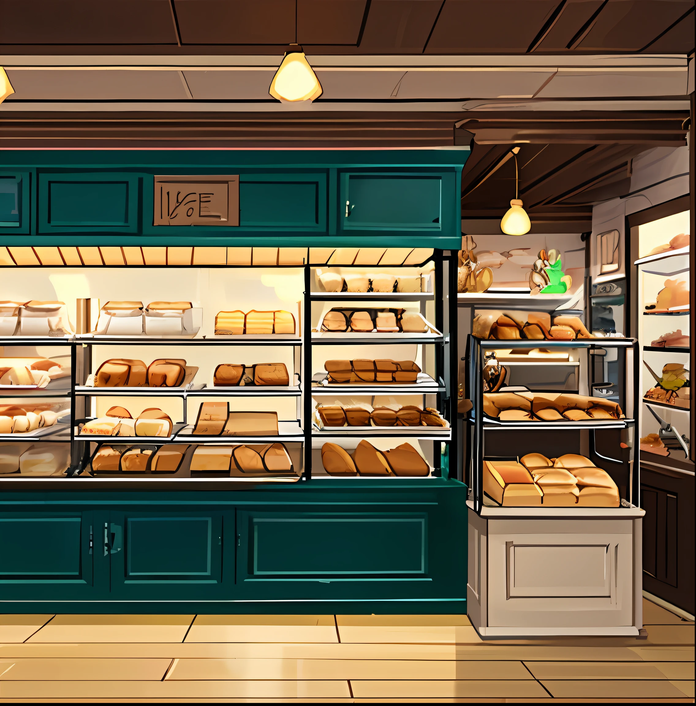 tmasterpiece,best qualtiy,(Very detailed CG unity 8K wallpaper)(best qualtiy),(Most Best Illustration),(Best shadow)Many different types of cakes are on display in the store, concept art by Kamisaka Sekka, Pisif, conceptual art, baker shop, cute bakery shop, studio ghibli aesthetic, Anime background art, bread type pokemon, random background scene, cozy cafe background, breads, baking artwork, Fresh bakery in the background, patisserie, breads, Lofi art --v6