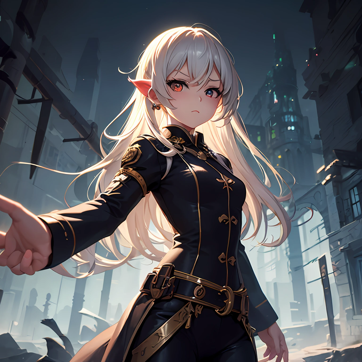 --2d anime --Anime --Primeiro trabalho --anime premiado, --Garota elfa (((--Heterocromia))) --Long white hair --Dynamic seductive pose --Small breasts --Small ass --Style "Loli" --Cyberpunk --Soviet uniform clothes , --Hard bass --menina russa, (((((co. Blyat))))) , --Detailed digital art --High quality 8K --Detailed Artgerm --Aesthetic perfection --Intricate details --Cinematic lighting --Lighting highlight --SSAA --Smooth rendering --No noise --Dynamic scenery Dynamic fantasy medieval Russian street --Rudeus Style.