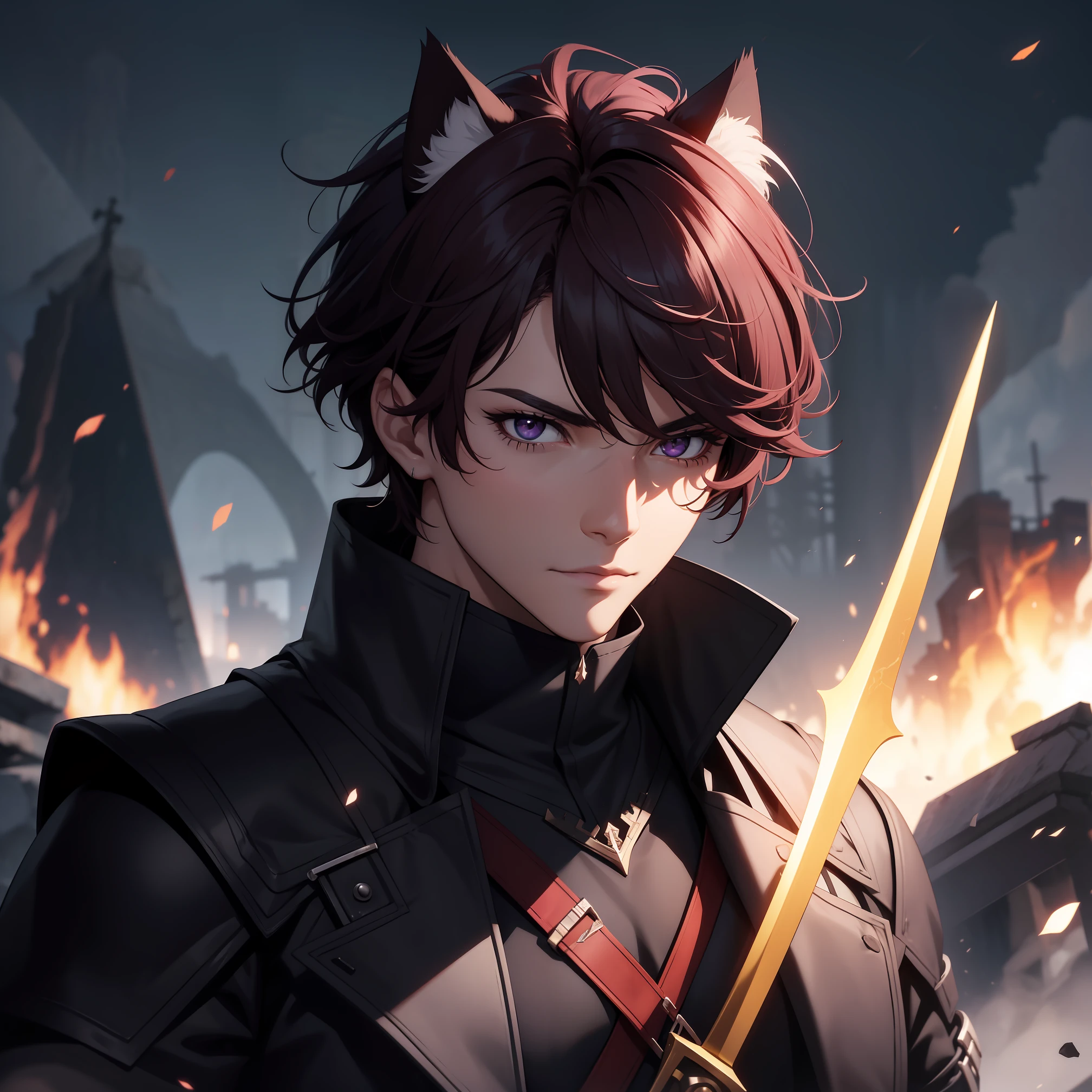 best quality, master part, arte digital, art-station, 4k, HDR, Volumetric lighting, RXY HOMEM MASCULINO ADULTO, tem uma cicatriz de garra no olho esquerdo, short, dark burgundy hair with bangs covering left eye, cor da pele branca, both eyes are obsidian purple, black cat ears on head, com uma espada grande de ferro mantida nas costas na cor vermelha e no meio da espada tem um cinto preto, is wearing black coat clothes with an aristocrat V is underneath, gloves covering all hands
