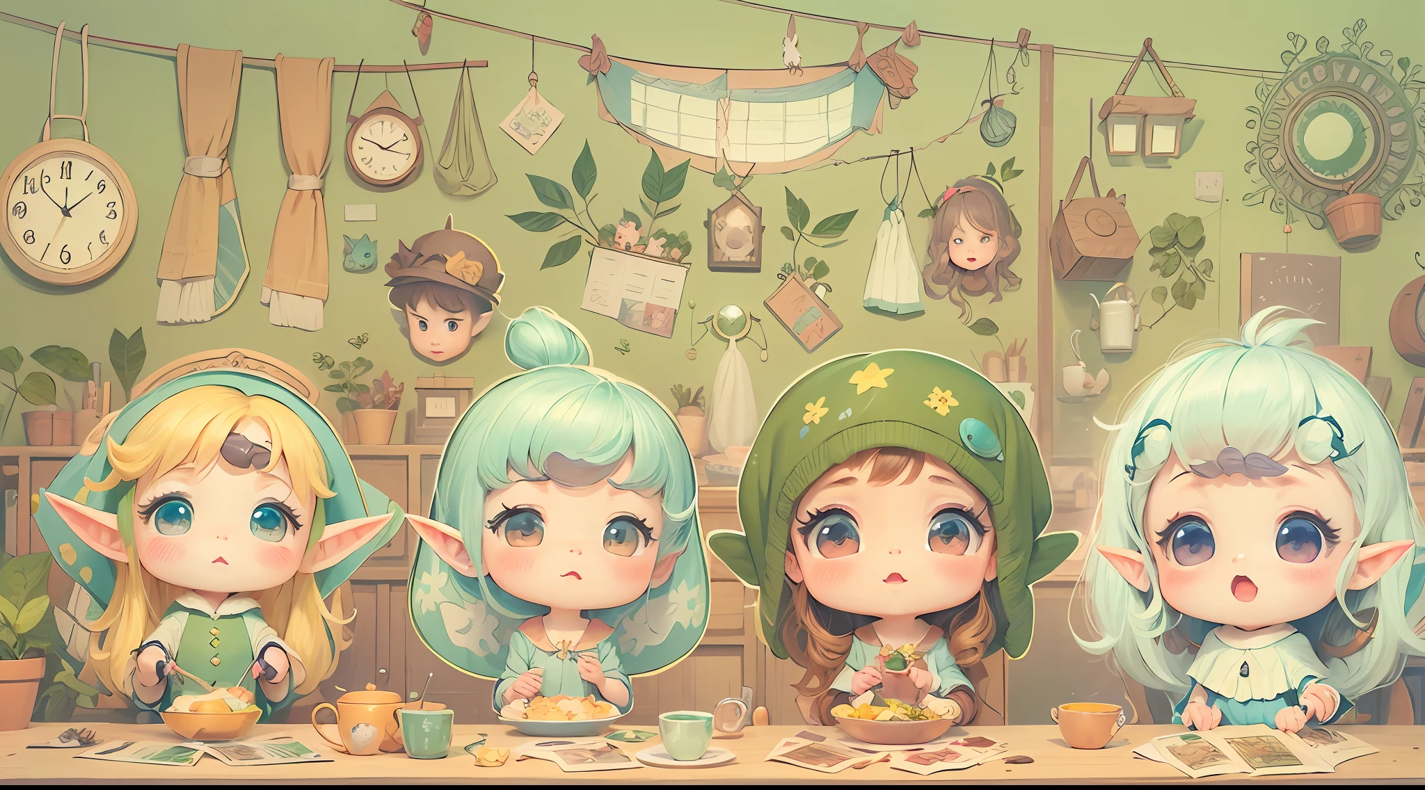 Fairy tale picture book,Little girls and elves,Cartoony,Dumb cute,cute-style,Flat pattern,high qulity,16K resolution,(best qualtiy),(tmasterpiece),super-fine,Detailed pubic hair,Accurate
