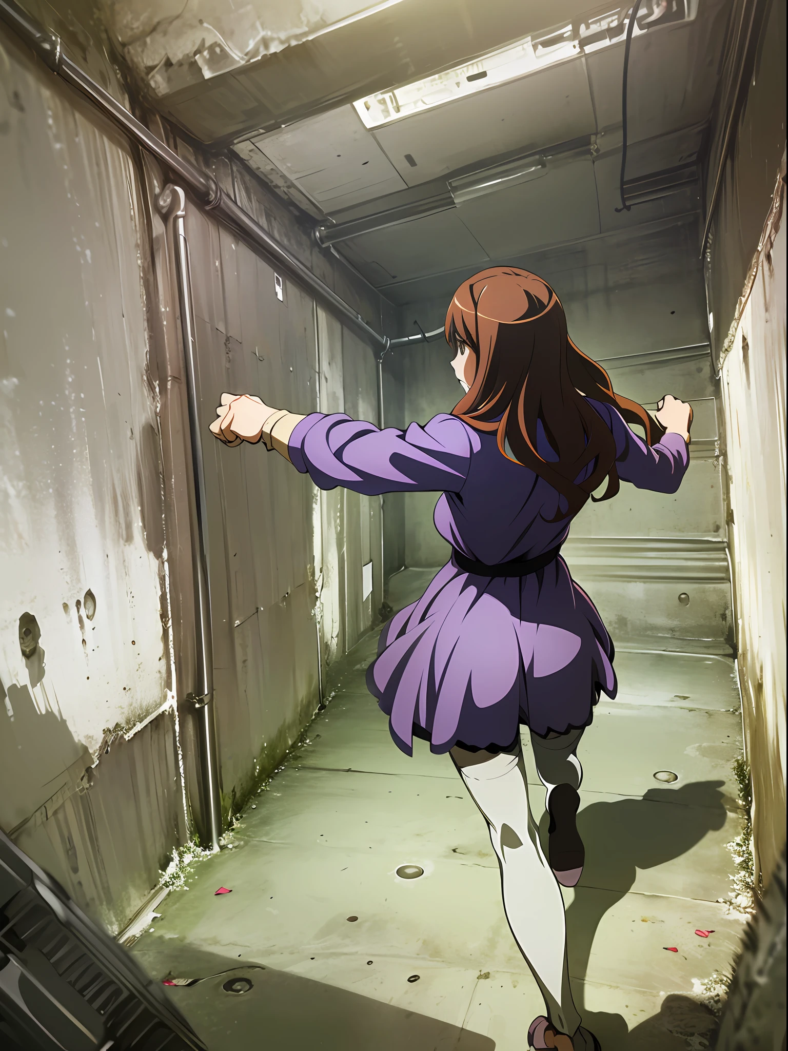 ((((a fist)))).((((punching out)))),((((angle from above)))),((((angle from behind)))),(((the side of the fist))),(at night),((((dramatic shadows)))),
highres, shizuri1, 1girl, solo, thighhighs, brown hair, long hair, brown eyes, black thighhighs, purple dress,(((abandon factory))),
((((((((masterpiece)))))))), best quality, highly detailed, extremely detailed CG unity 8k wallpaper,illustration,sfw,
indoor,((((abandon factory)))),(at night),spotlight,(((grey background))),(grey wall),wire,pipe,(night),