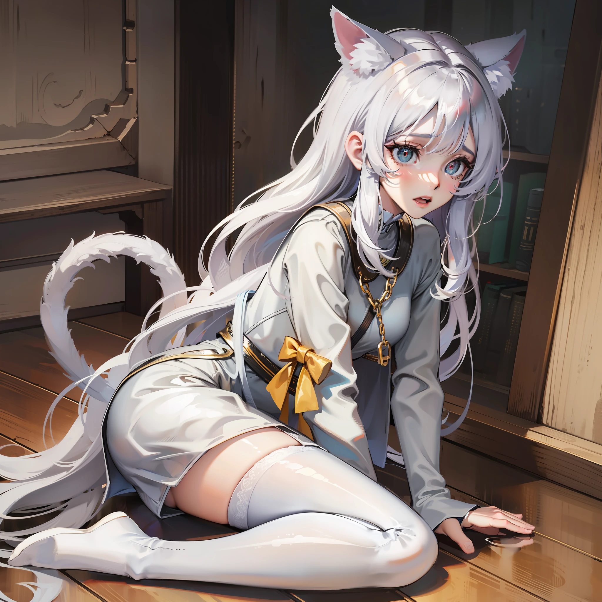 long  white hair，cat ear，shackle，kneeling down，white stockings，weeping，red pupils，