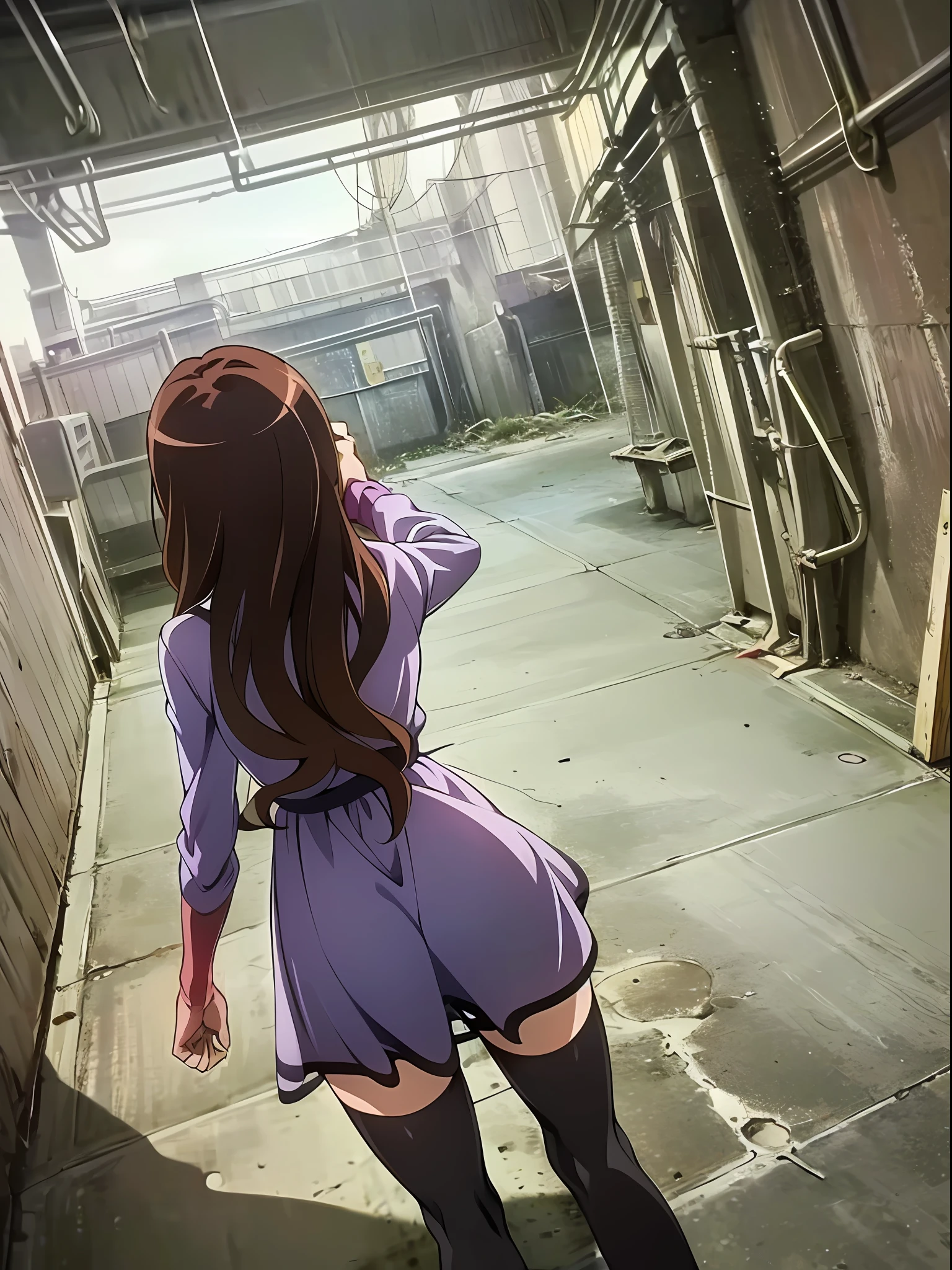 ((((a fist)))).((((punching out)))),((((angle from above)))),((((angle from behind)))),(((the side of the fist))),(at night),((((dramatic shadows)))),
highres, shizuri1, 1girl, solo, thighhighs, brown hair, long hair, brown eyes, black thighhighs, purple dress,(((abandon factory))),
((((((((masterpiece)))))))), best quality, highly detailed, extremely detailed CG unity 8k wallpaper,illustration,sfw,
indoor,((((abandon factory)))),(at night),spotlight,(((grey background))),(grey wall),wire,pipe,(night),