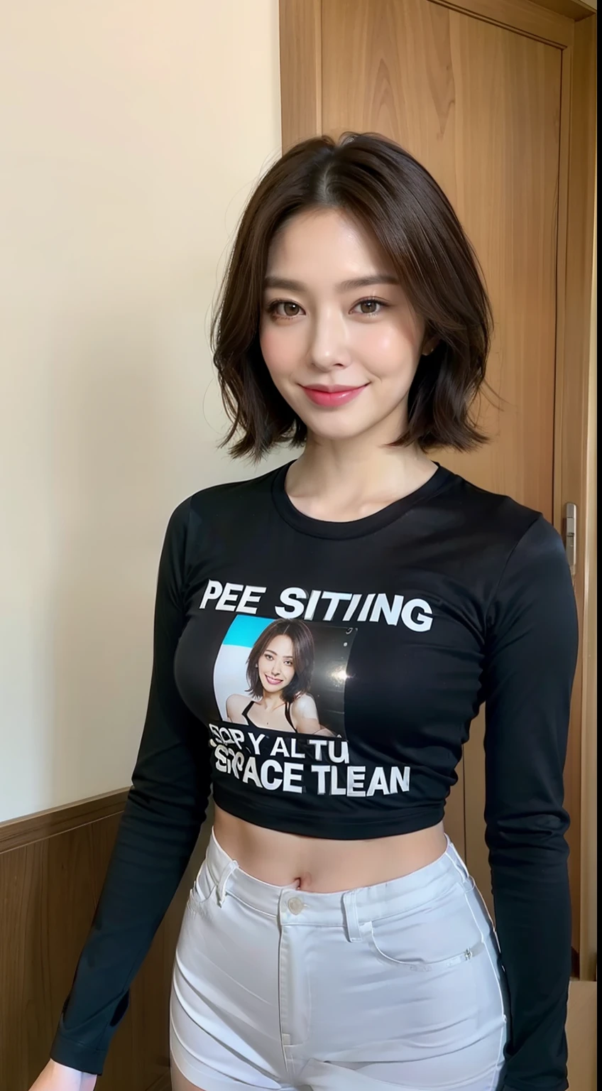 ((top-quality)), long legged, foco nítido:1.2, Beautiful woman with perfect body shape:1.4, Slender Abs:1.1, ((dark brown short hair、Colossal tits:1.2)), (Shiny Black Tight Long Sleeve T-Shirt, The sheen、Standing Black Spats:1.3), Detailed face and skin texture, A detailed eye,ssmile、a room