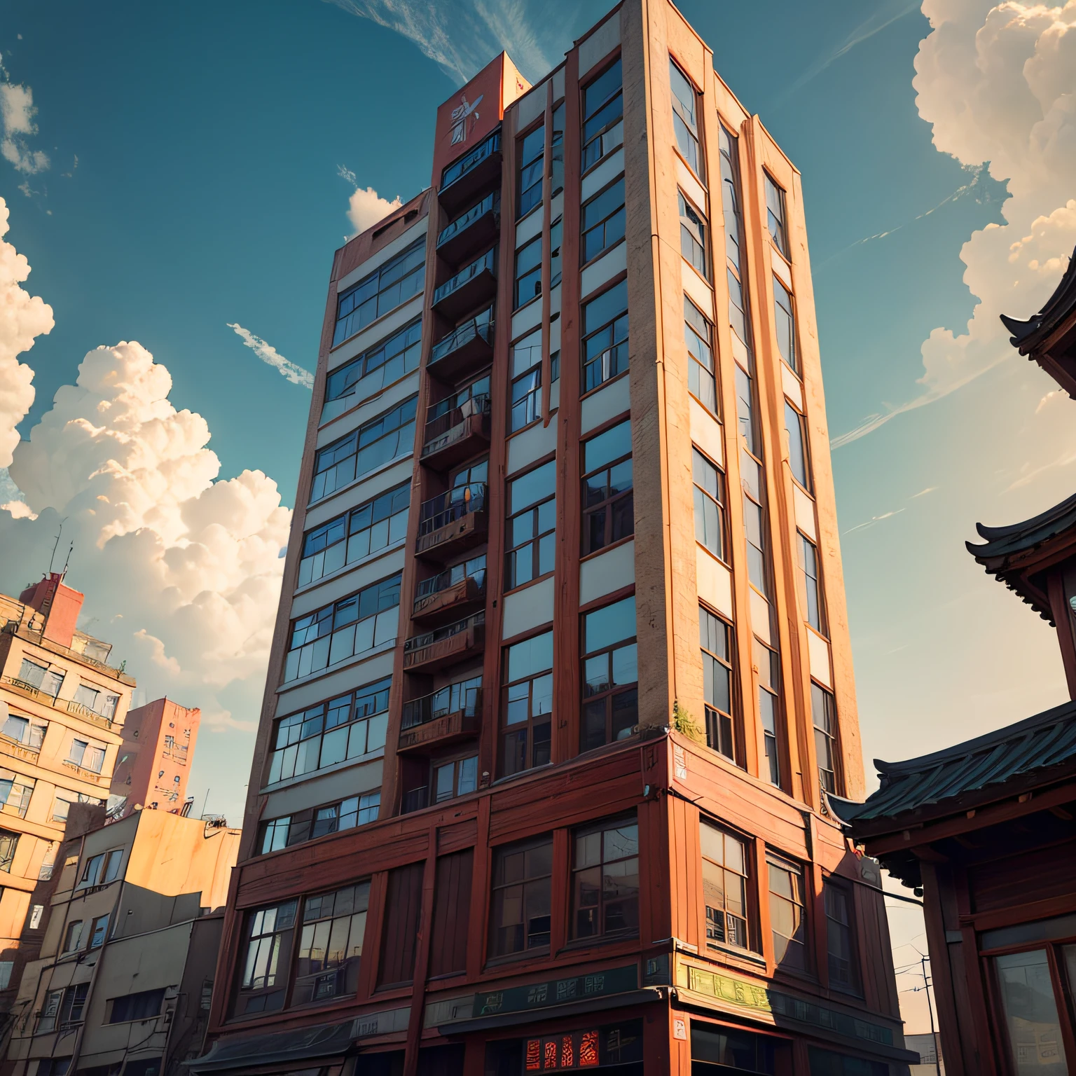 Ancient wind,Quaint,Chinese,Restaurant hostel,towering,The exterior of the entire building,wood,high rise,towering,Located in a bustling downtown area,Individual building,with blue sky and white clouds