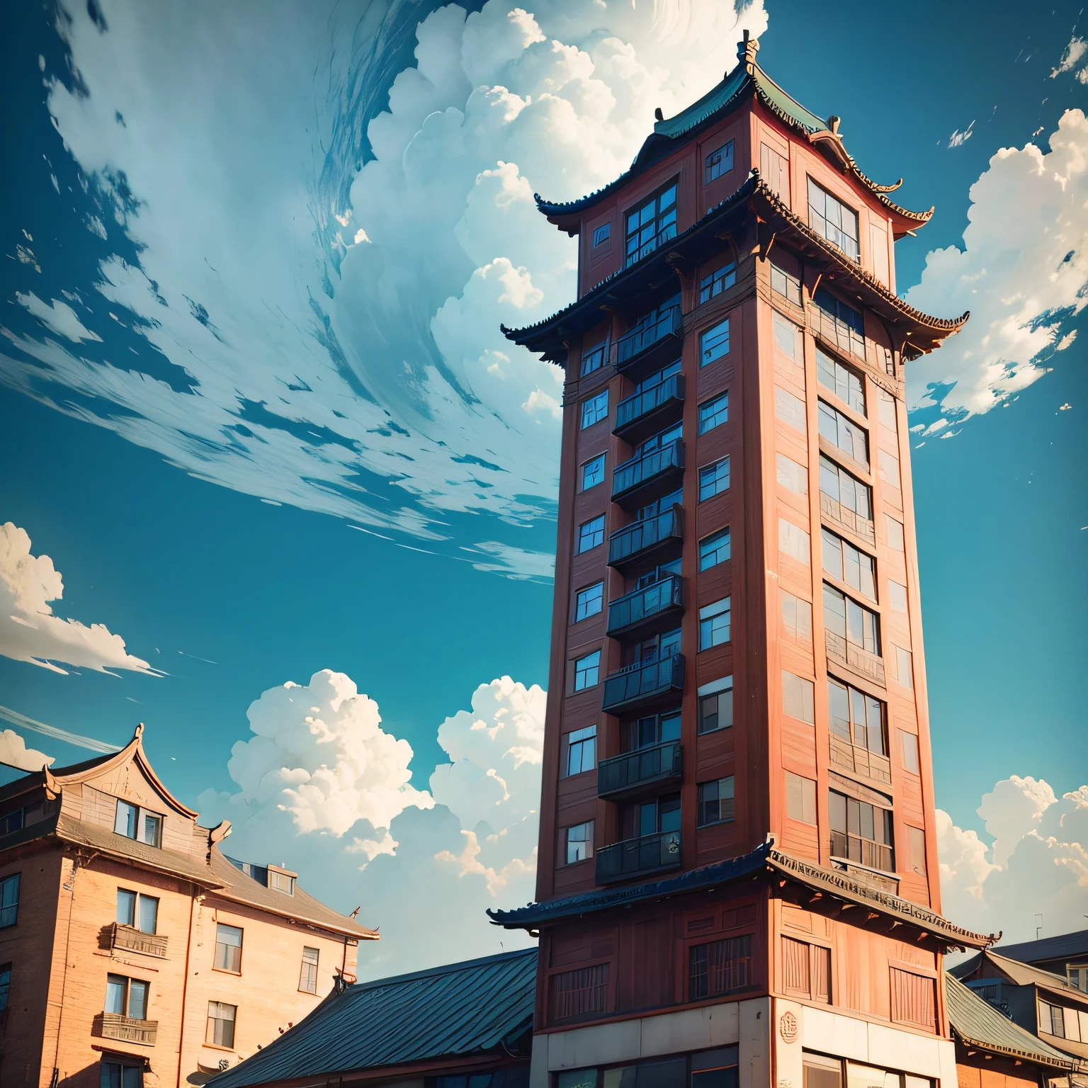 Ancient wind，Quaint，Chinese，Restaurant hostel，towering，The exterior of the entire building，wood，high rise，towering，Located in a bustling downtown area，Individual building，with blue sky and white clouds