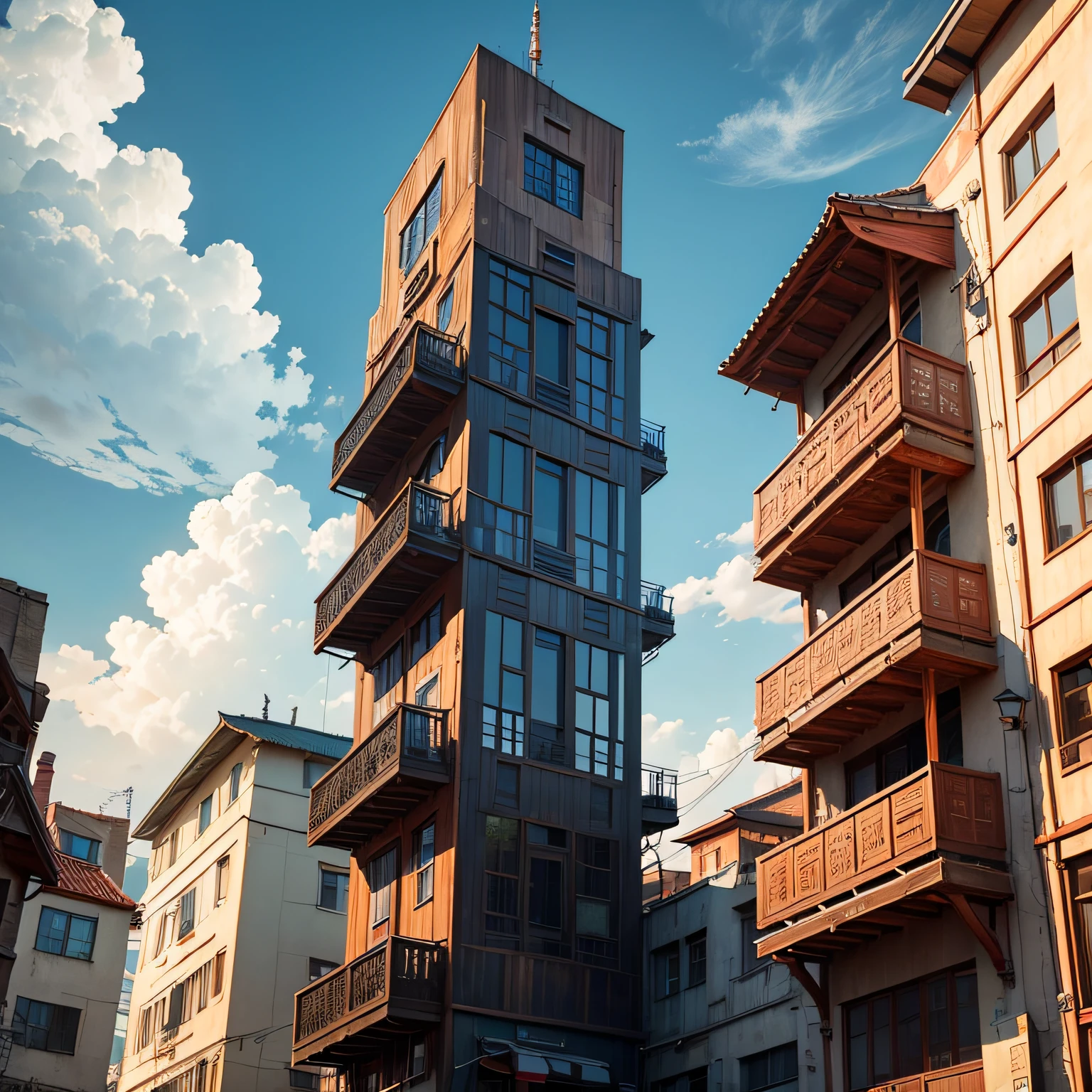 Ancient wind，Quaint，Chinese，Restaurant hostel，towering，The exterior of the entire building，wood，high rise，towering，Located in a bustling downtown area，Individual building，with blue sky and white clouds