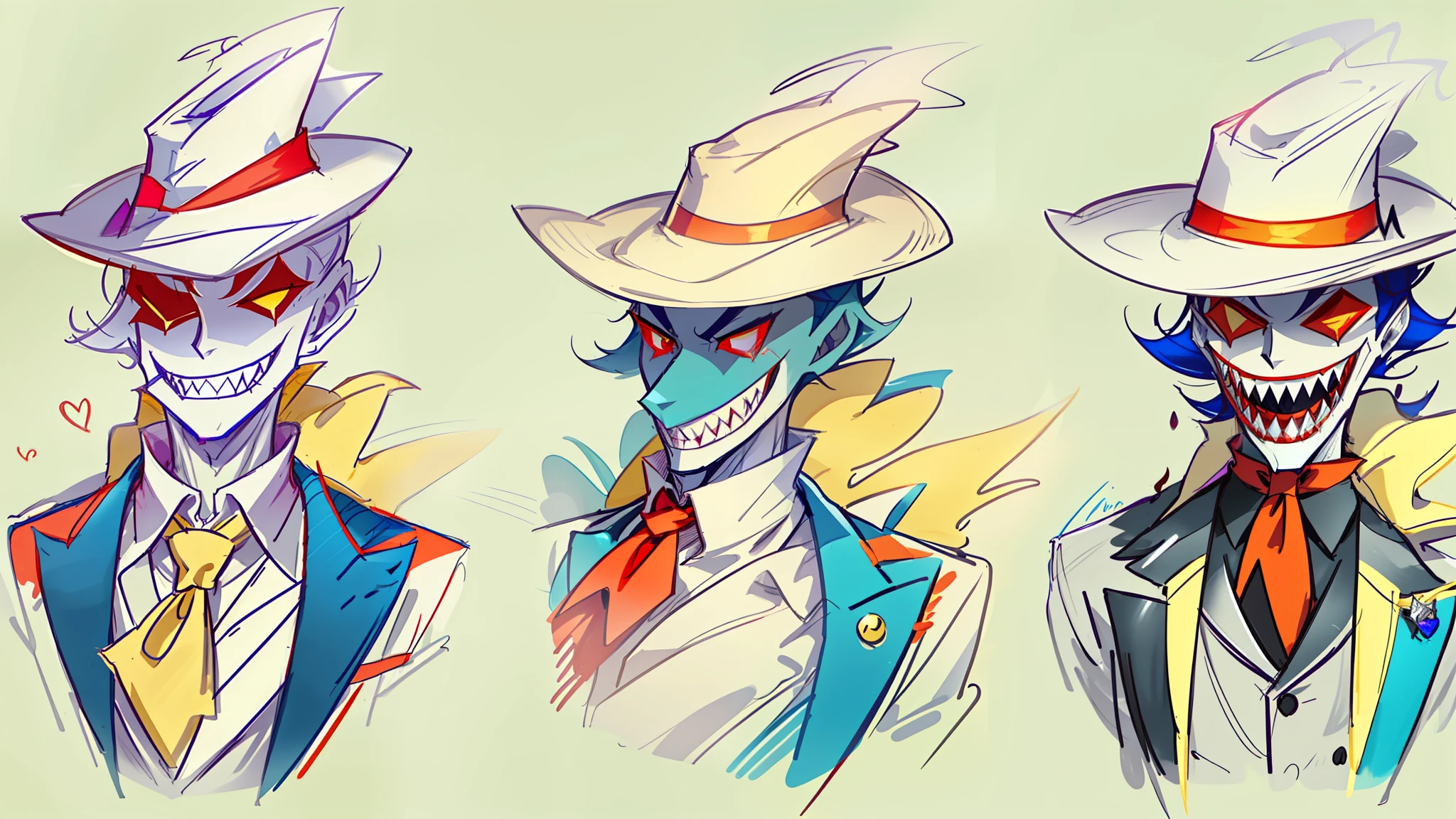 A guy who has no face, no eyes or nose, but has a mouth full of sharp teeth, he wears a blue overcoat, yellow fedora and a red scarf around his neck. Helluva boss Style, Hazbin hotel Style, his skin is flourescent blue. drawing references hazbin hotel style males hand drawing sketchs