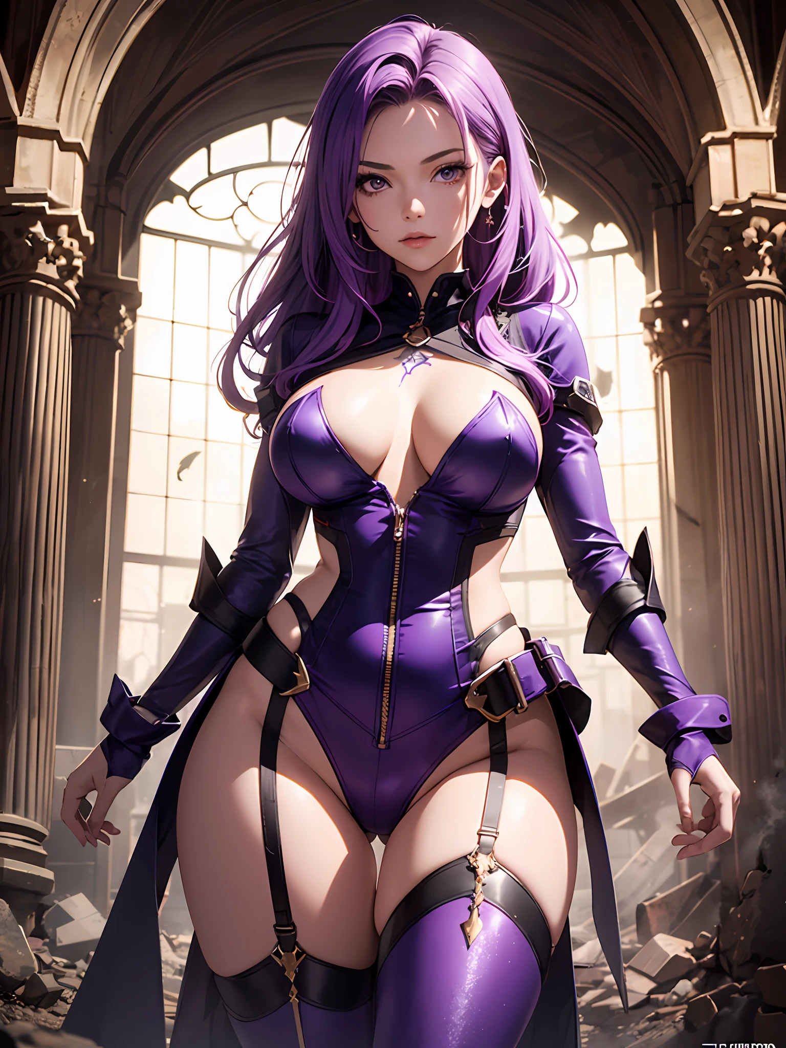 1girll，Gorgeous Hair in Long Purple，Purple jumpsuit，Tattooed with，There is a red string around the waist，Purple boots，Thigh leg rings，The right hand releases a purple energy glow，Hands full breasts, Convex buttocks, city ruins，holy rays，A desert，Detailed background, Clothing details, perfectly proportioned, filmgrain, Fuji colors, lightand shade contrast, tmasterpiece, high detal, high qulity, A high resolution, Cinematic lighting, 8K, Textured skin, Super detail