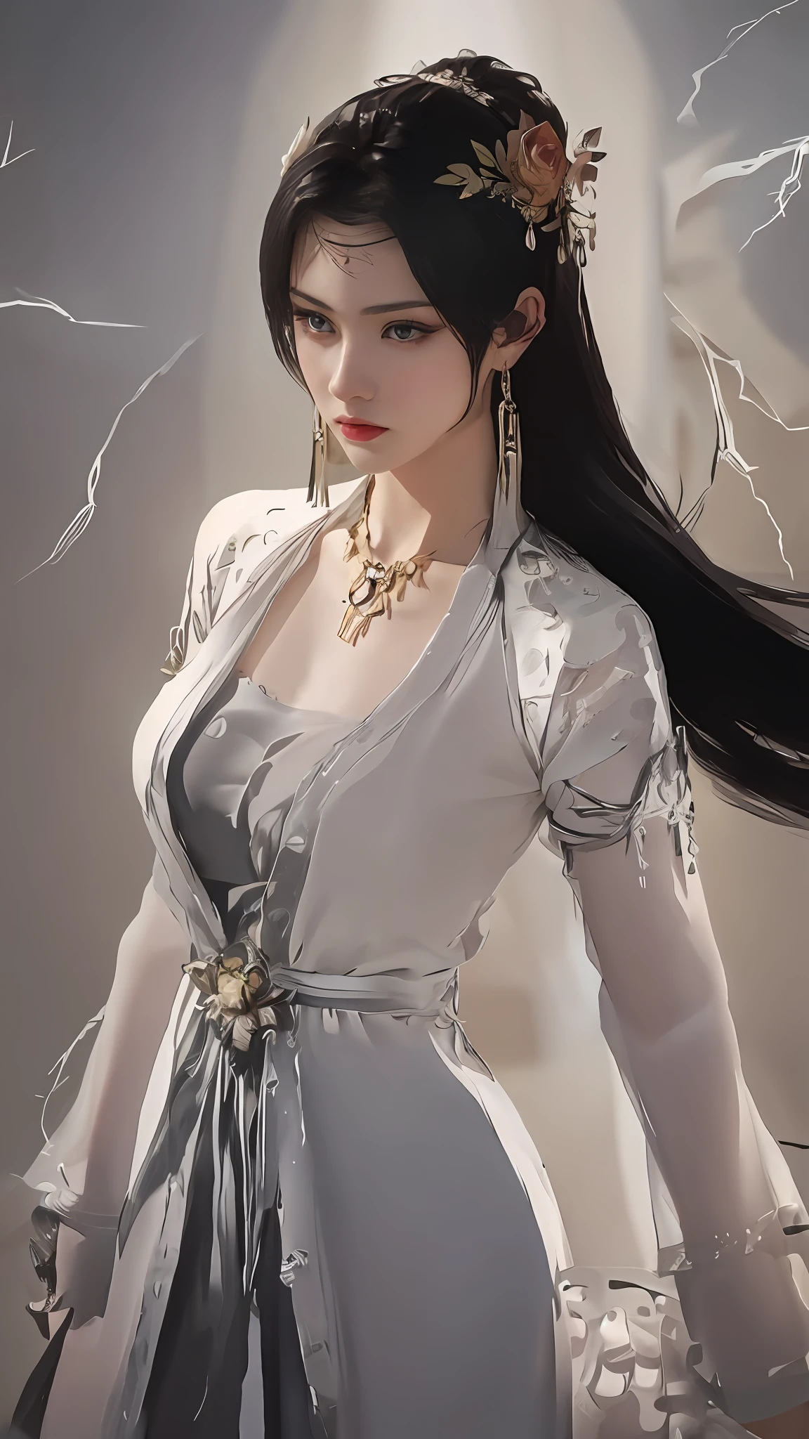 A woman wearing a white dress,with long hair in takes,Tie a tie, ((a beautiful fantasy empress)), a beautiful fantasy empress, xianxia fantasy, Beautiful age girl, Fantasy Woman, Beautiful character painting, Xianxia, beautiful fantasy maiden, beautiful fantasy art, full-body xianxia, inspired by Zhang Yan, beautiful female witch, beautiful female witch,(skin textures:1.4),A high resolution,detail in face,The is very detailed,photorealestic,Real Human,3D Unreal Engine rendering,(hair detail:1.4),high qulity,