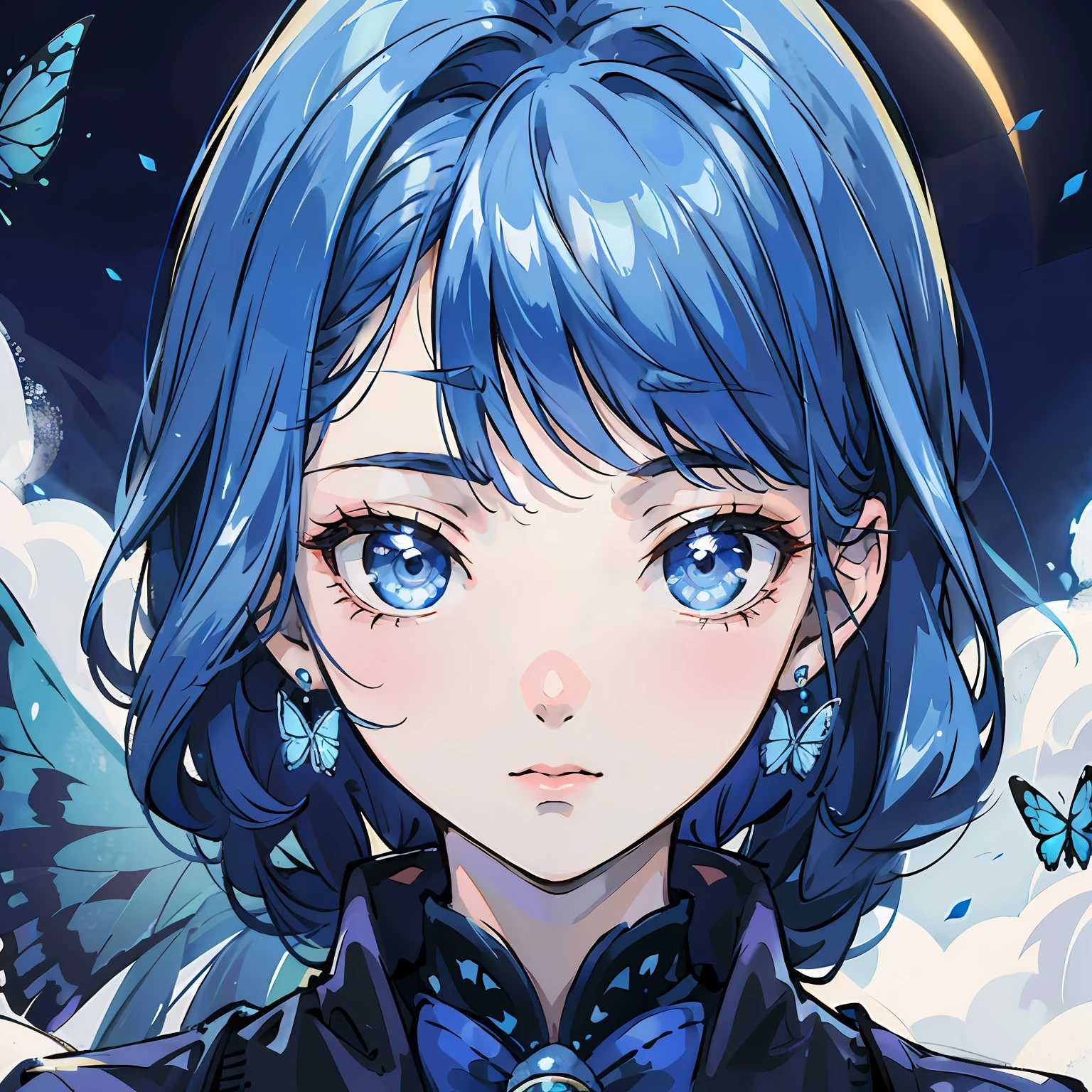 Under the moon, high cold girl, blue hair, butterfly, front face, ancient style --auto