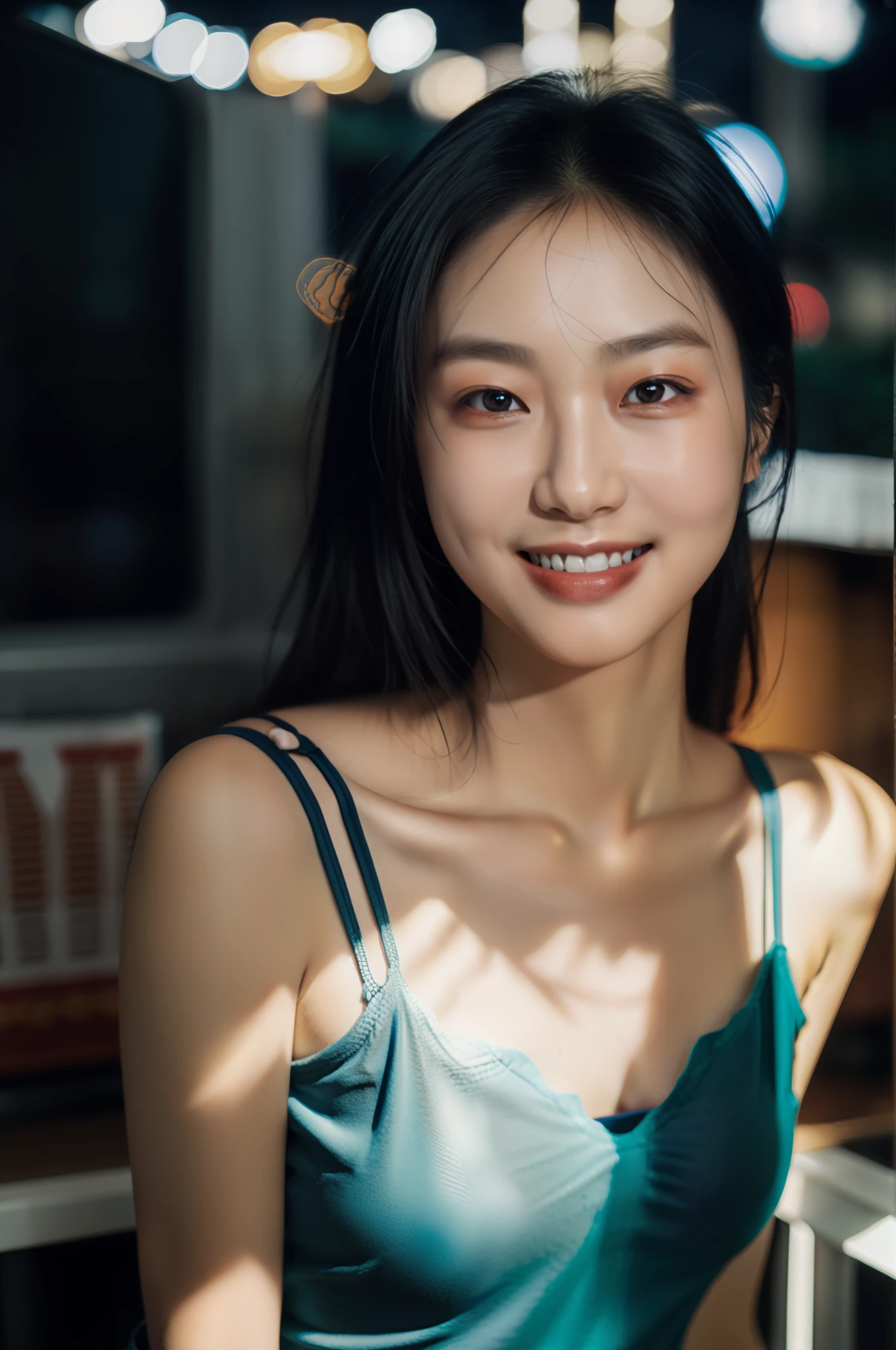 1girl, idol, model, depth of field, photo, film, face, skinny, smile, collarbone,  teeth, movie, camisole, selfie, night, natural skin texture