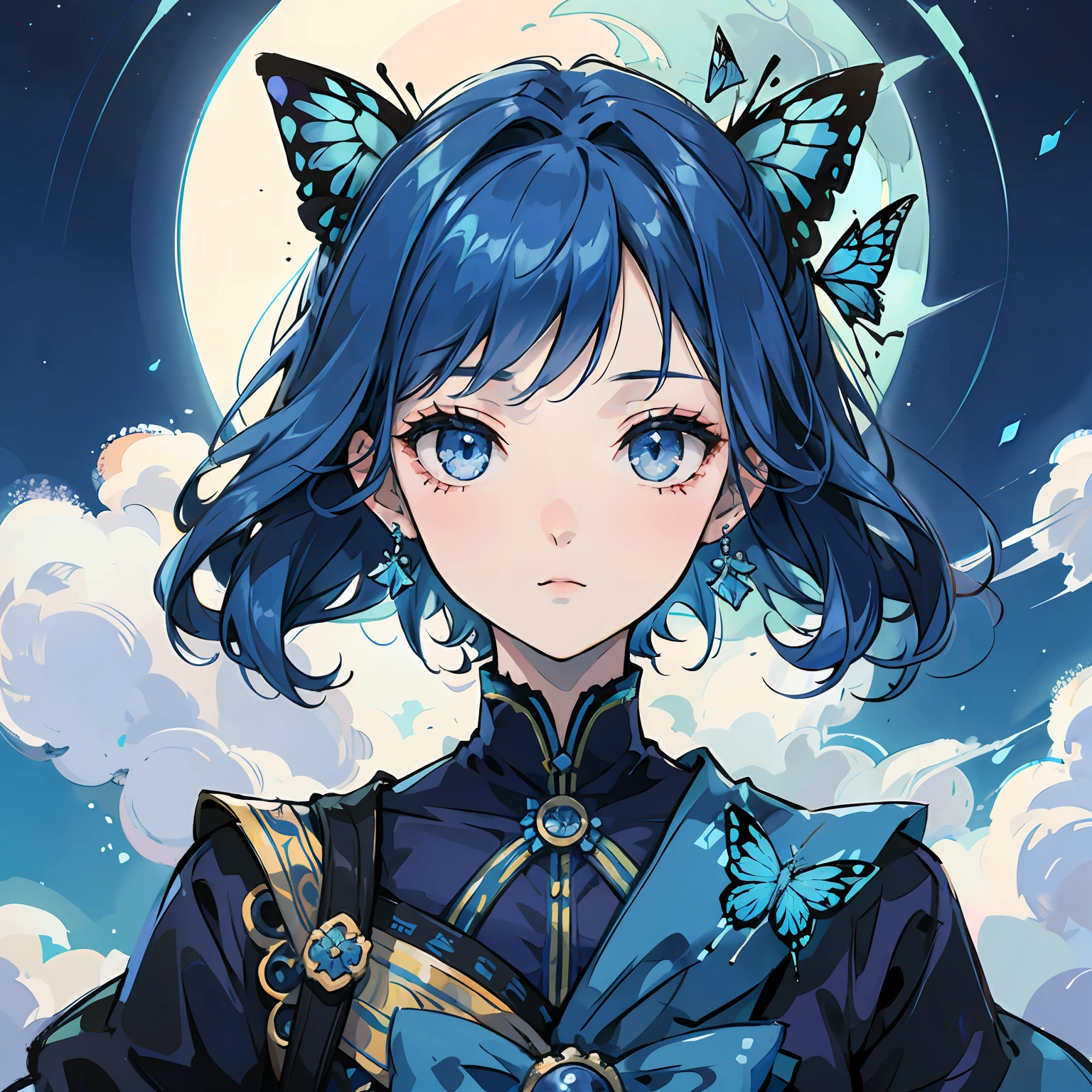 Under the moon, high cold girl, blue hair, butterfly, front face, ancient style --auto