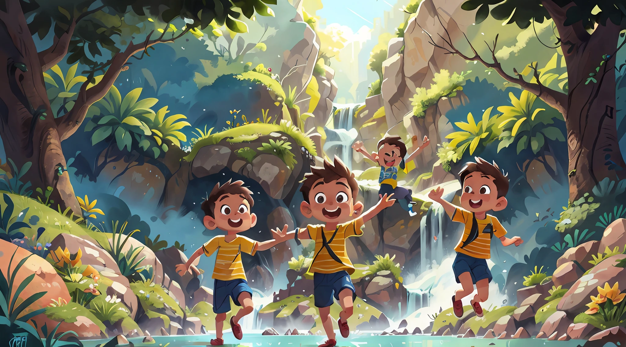 four boys jump into waterfall