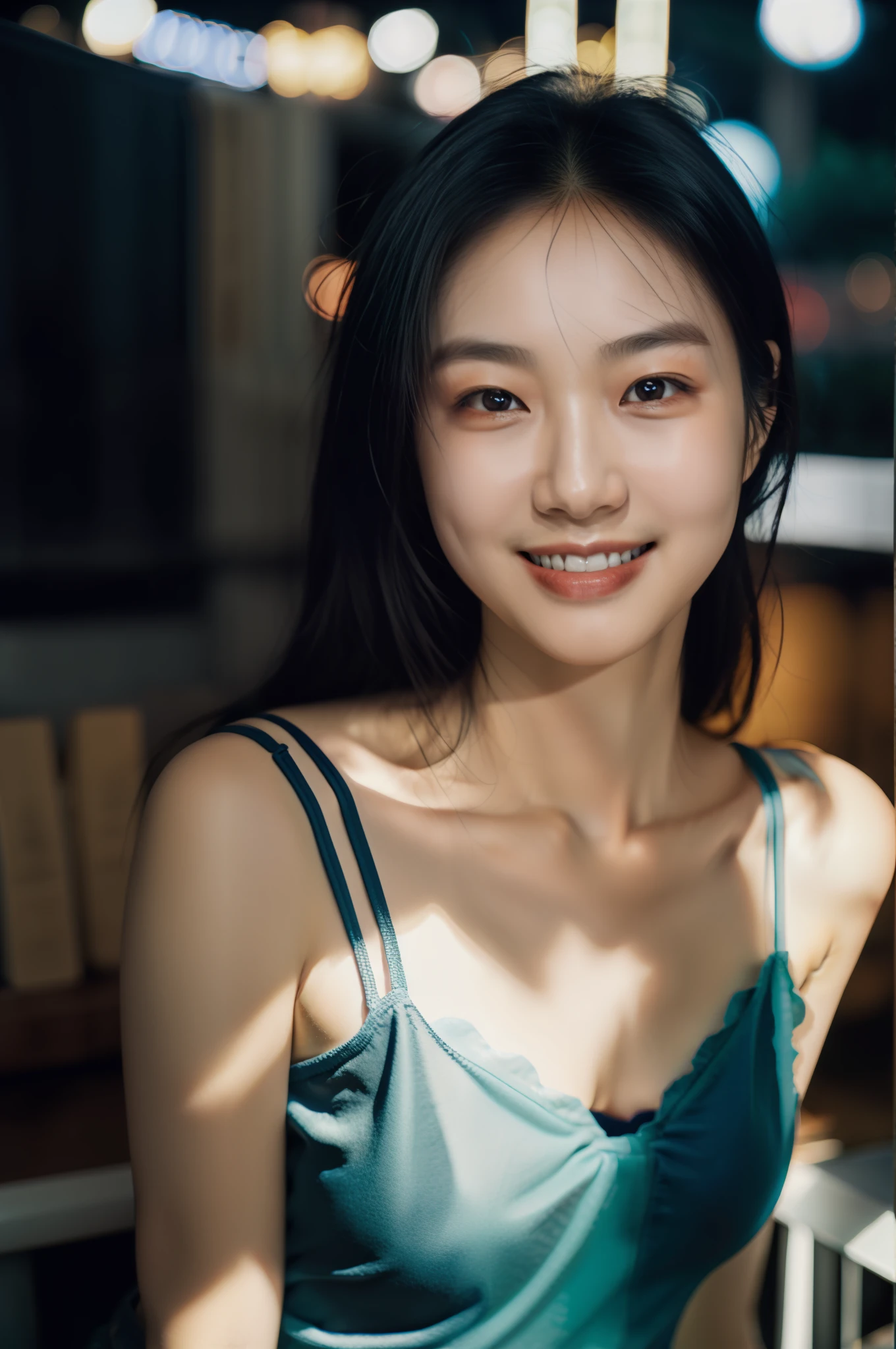 1girl, idol, model, depth of field, photo, film, face, skinny, smile, collarbone, teeth, movie, camisole, selfie, night, natural skin texture